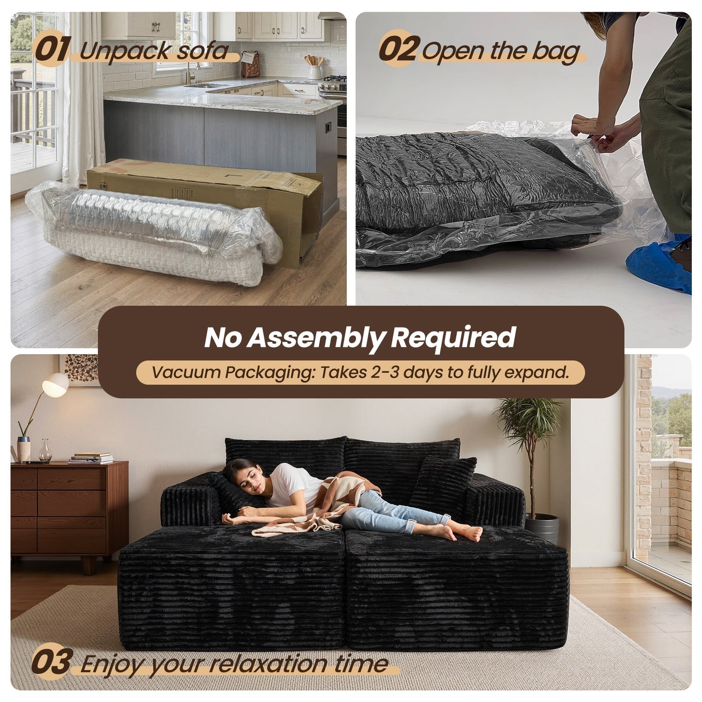 74.8" Boneless Sofa, Sleeper Couch, No Assembly Required