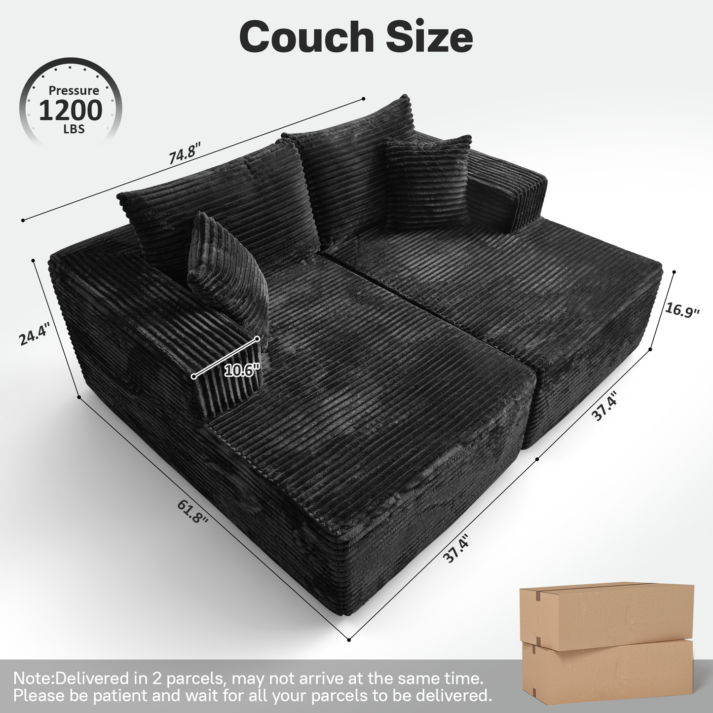 74.8" Boneless Sofa, Sleeper Couch, No Assembly Required
