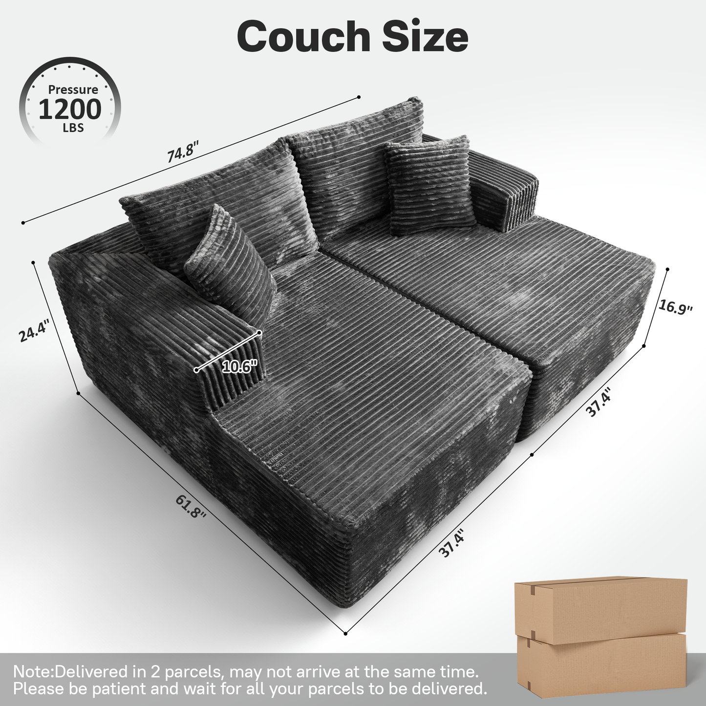 74.8" Boneless Sofa, Sleeper Couch, No Assembly Required