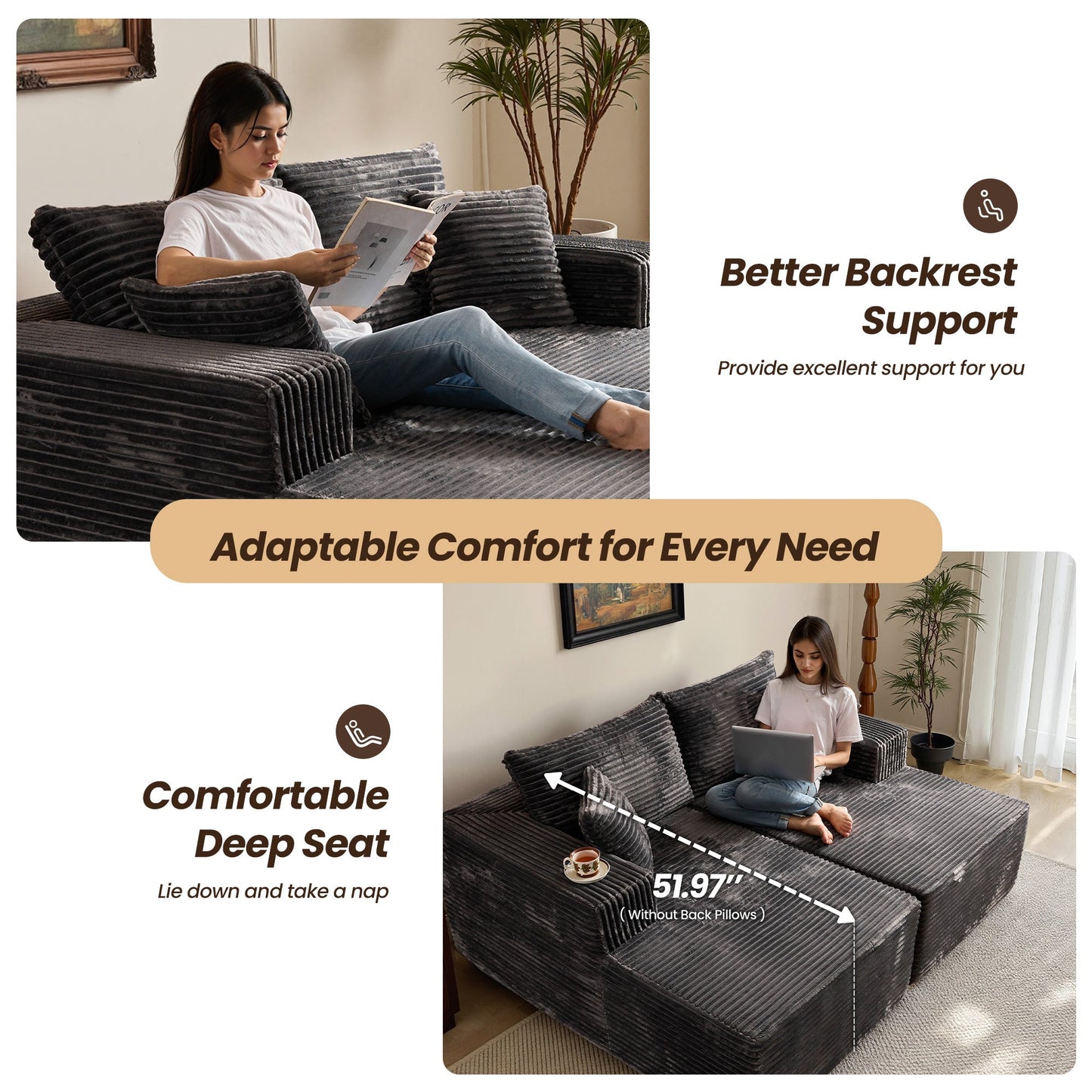 74.8" Boneless Sofa, Sleeper Couch, No Assembly Required