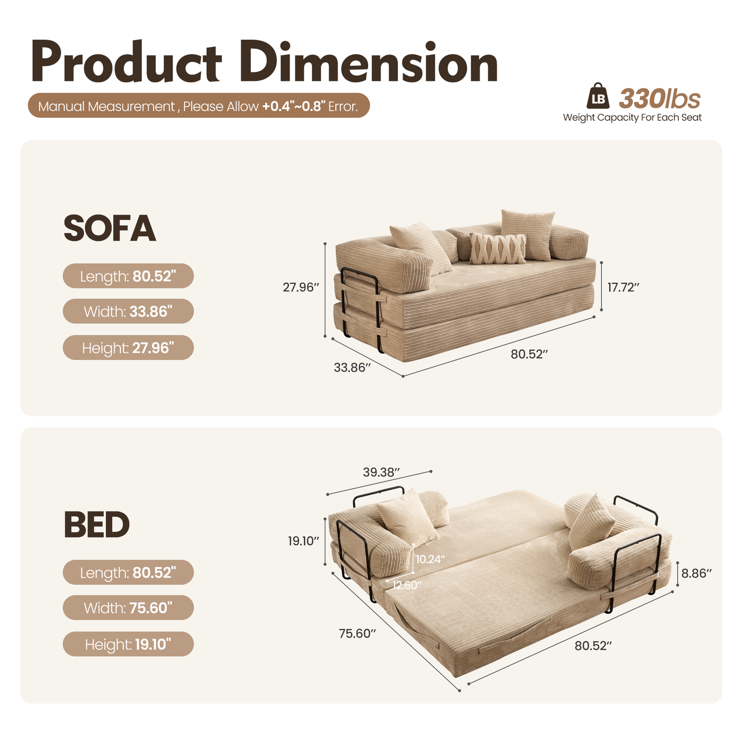 80" Convertible Modular Sofa Bed