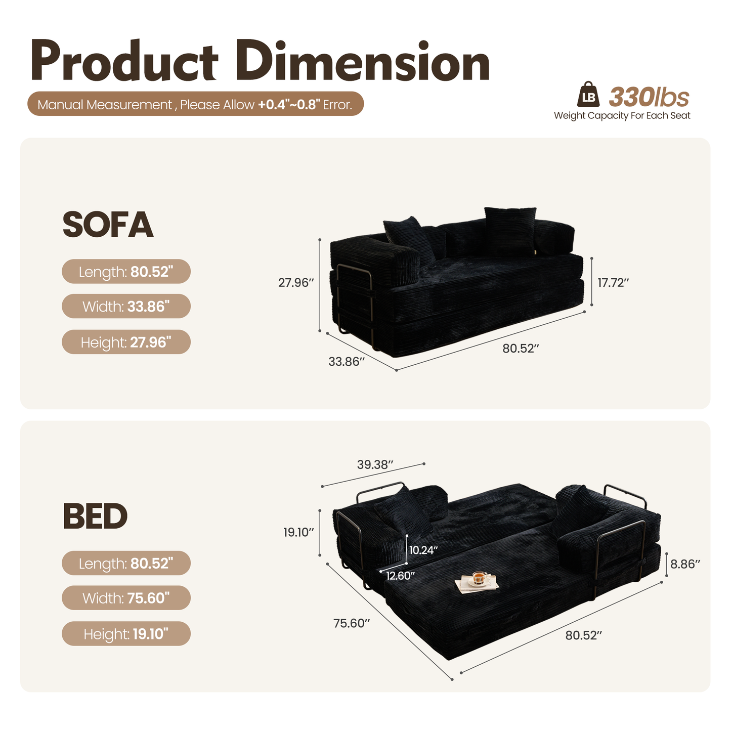 80" Convertible Modular Sofa Bed