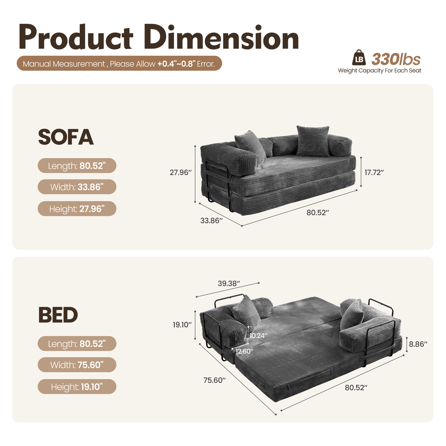 80" Convertible Modular Sofa Bed