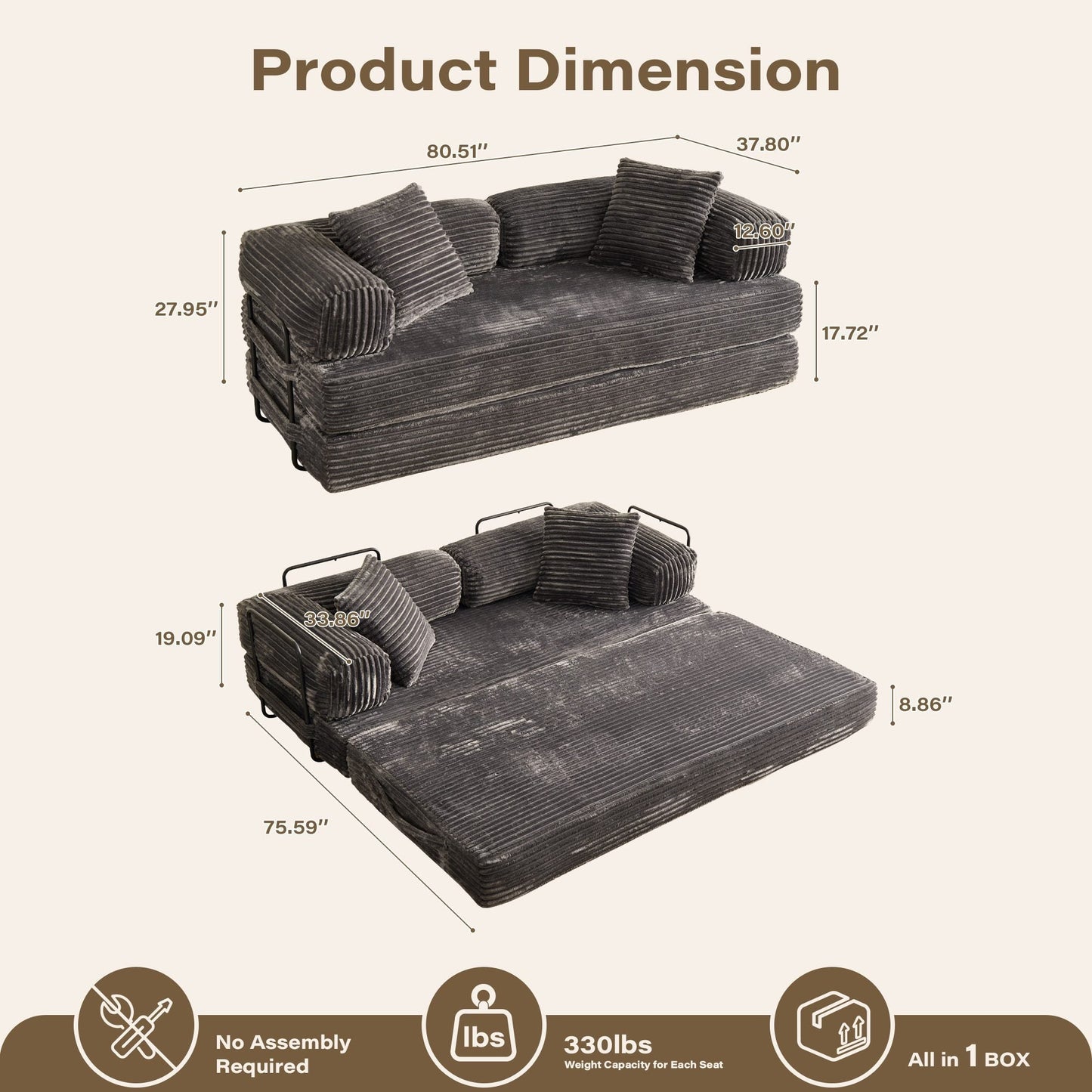 80" Convertible Modular Sofa Bed