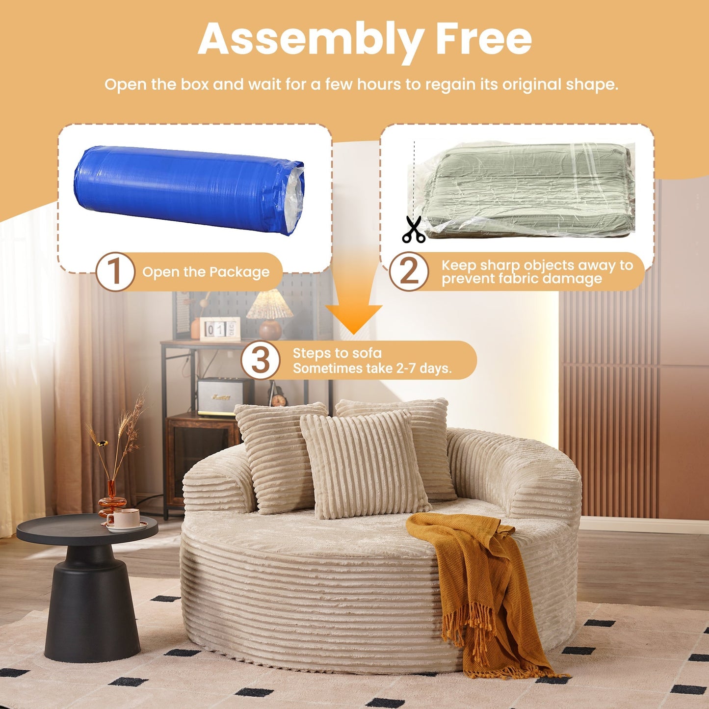 59" O-Shape Modular Couch, Plush Corduroy Fabric, No Assembly Required