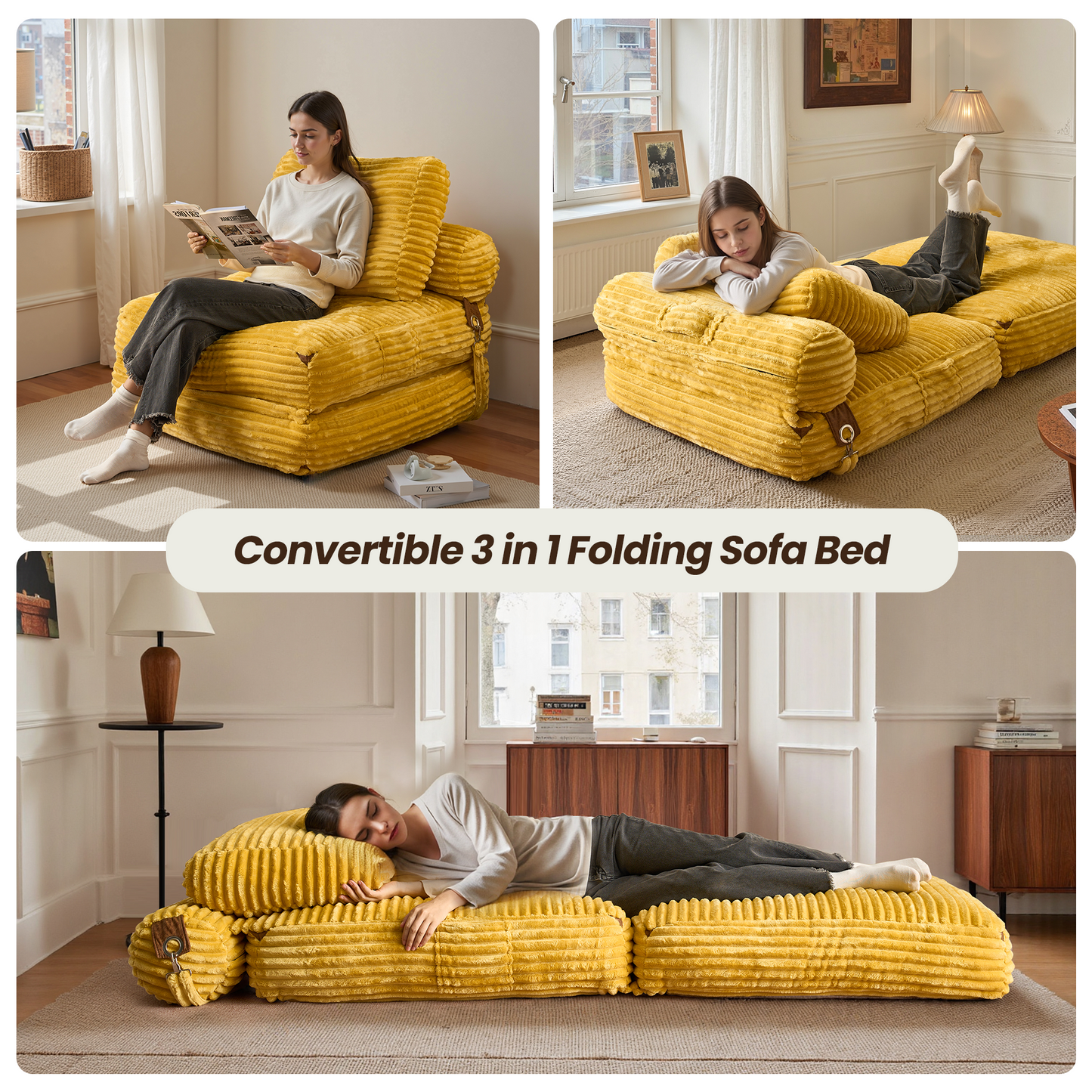 Bean Bag Bed Folding Sofa Bed – Convertible Sleeper Chair with Pillow & Back Support