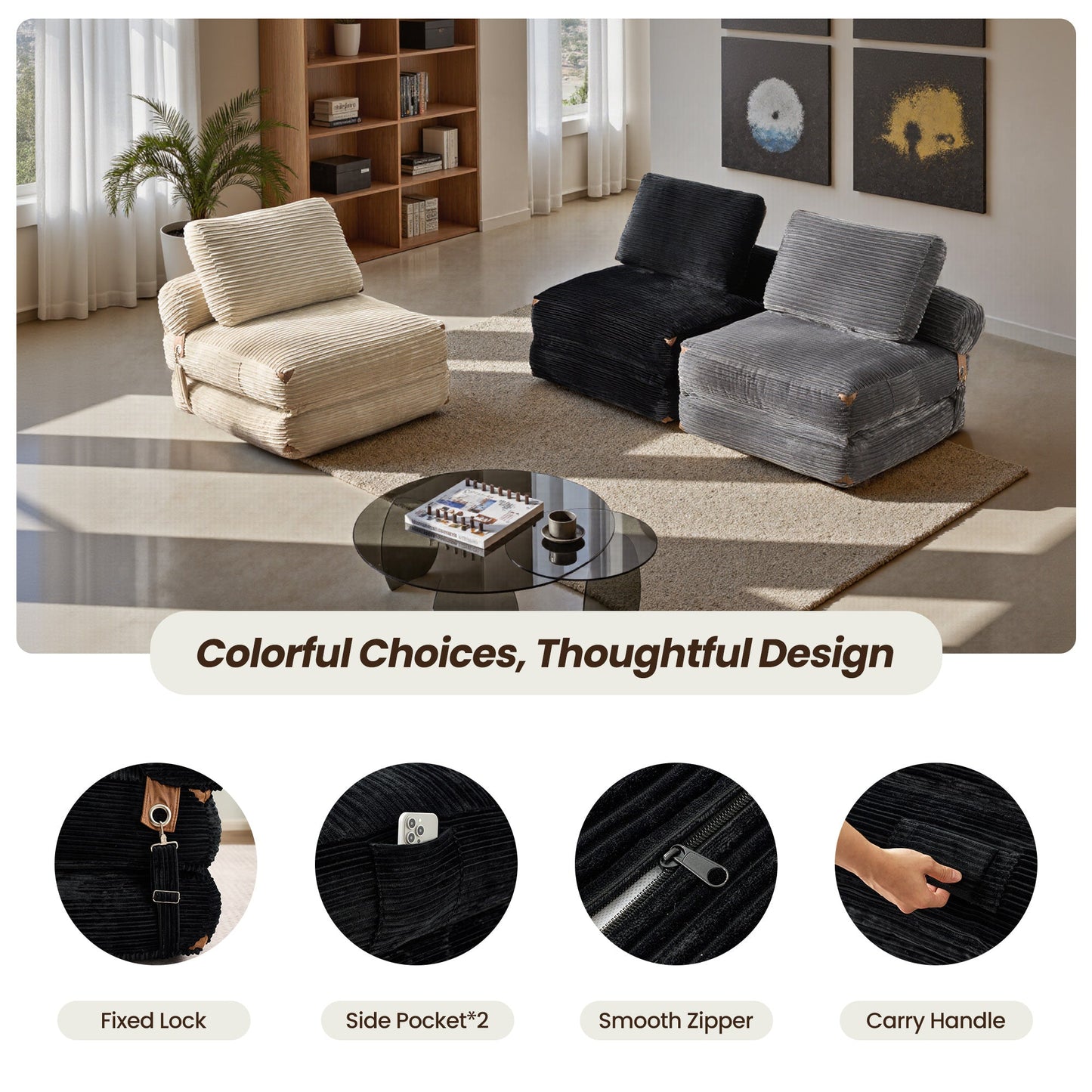 Bean Bag Bed Folding Sofa Bed – Convertible Sleeper Chair with Pillow & Back Support