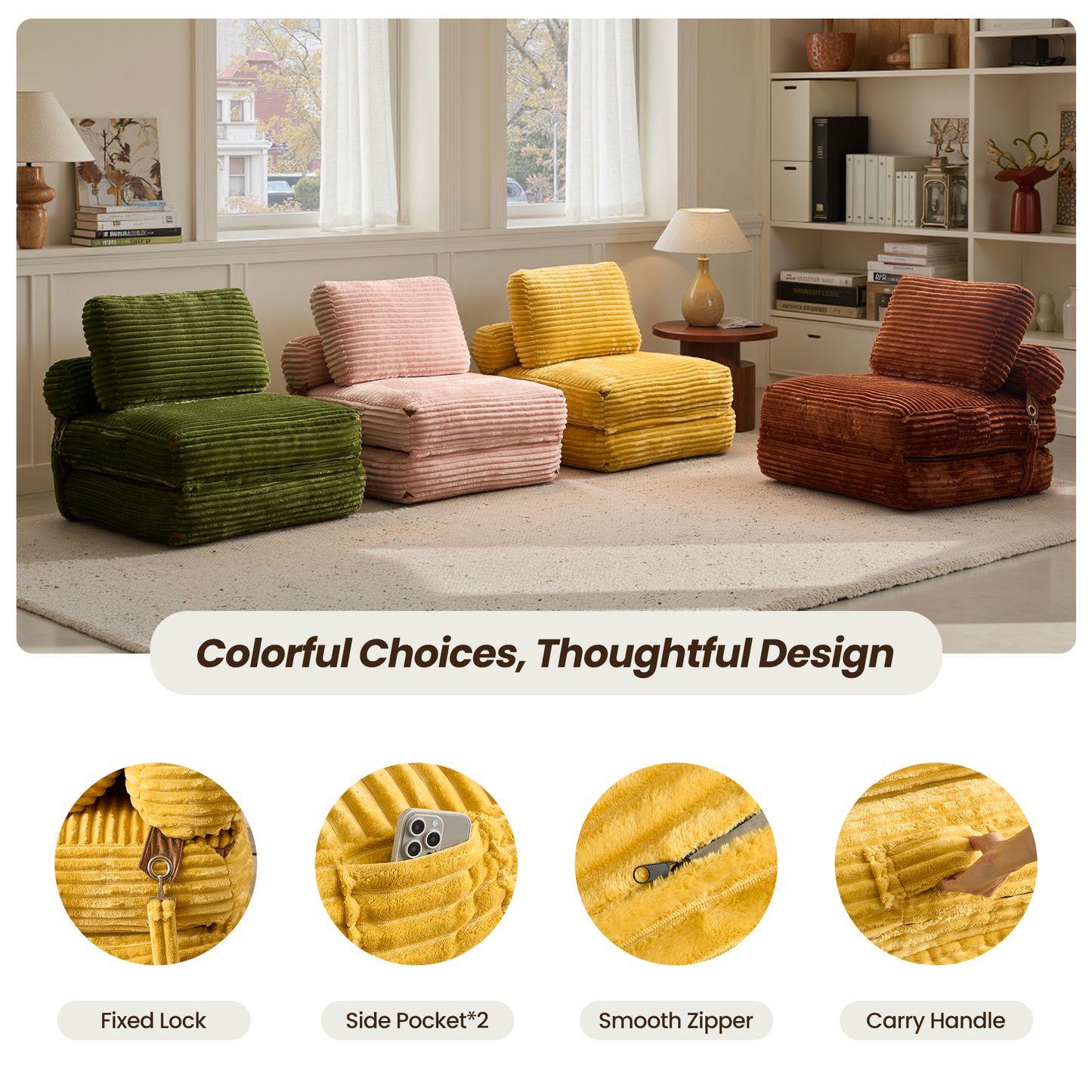 Bean Bag Bed Folding Sofa Bed – Convertible Sleeper Chair with Pillow & Back Support