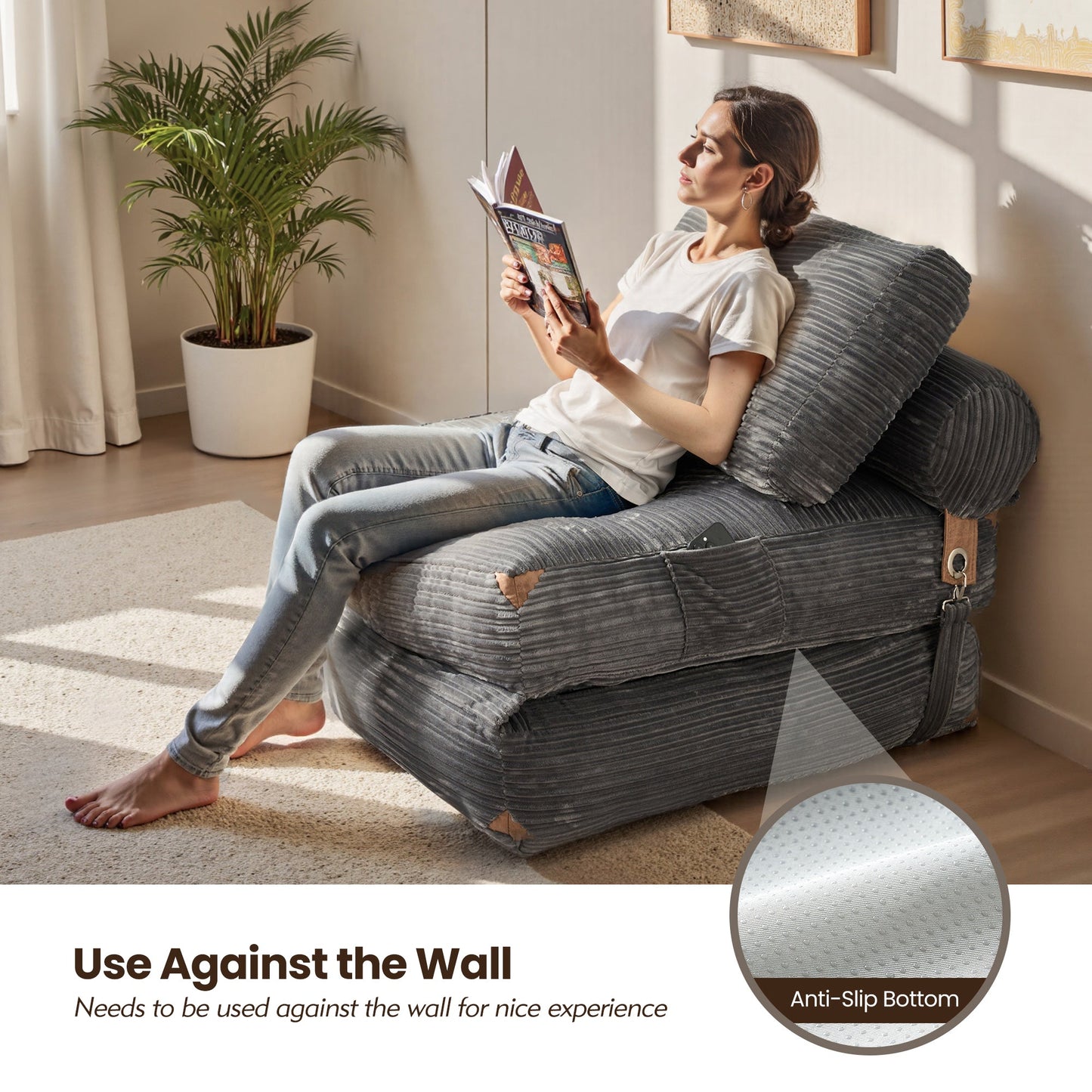 Bean Bag Bed Folding Sofa Bed – Convertible Sleeper Chair with Pillow & Back Support