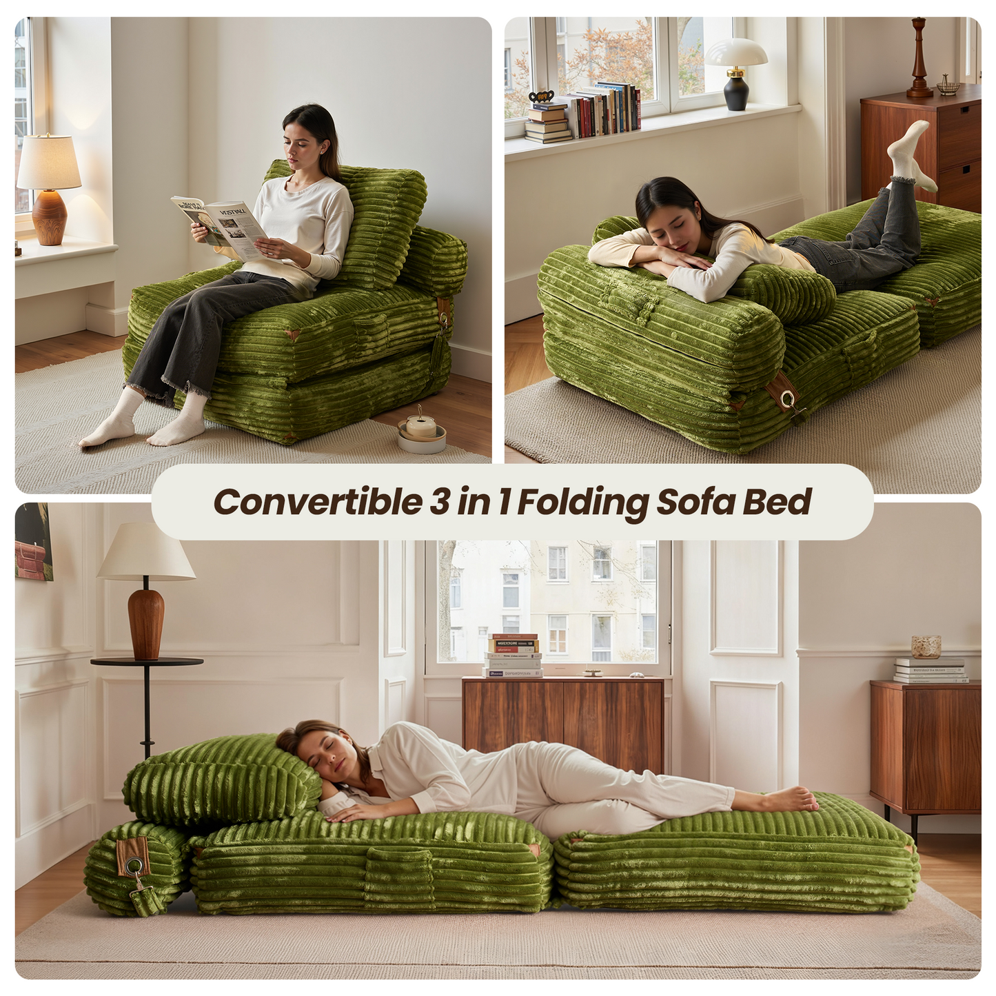 Bean Bag Bed Folding Sofa Bed – Convertible Sleeper Chair with Pillow & Back Support