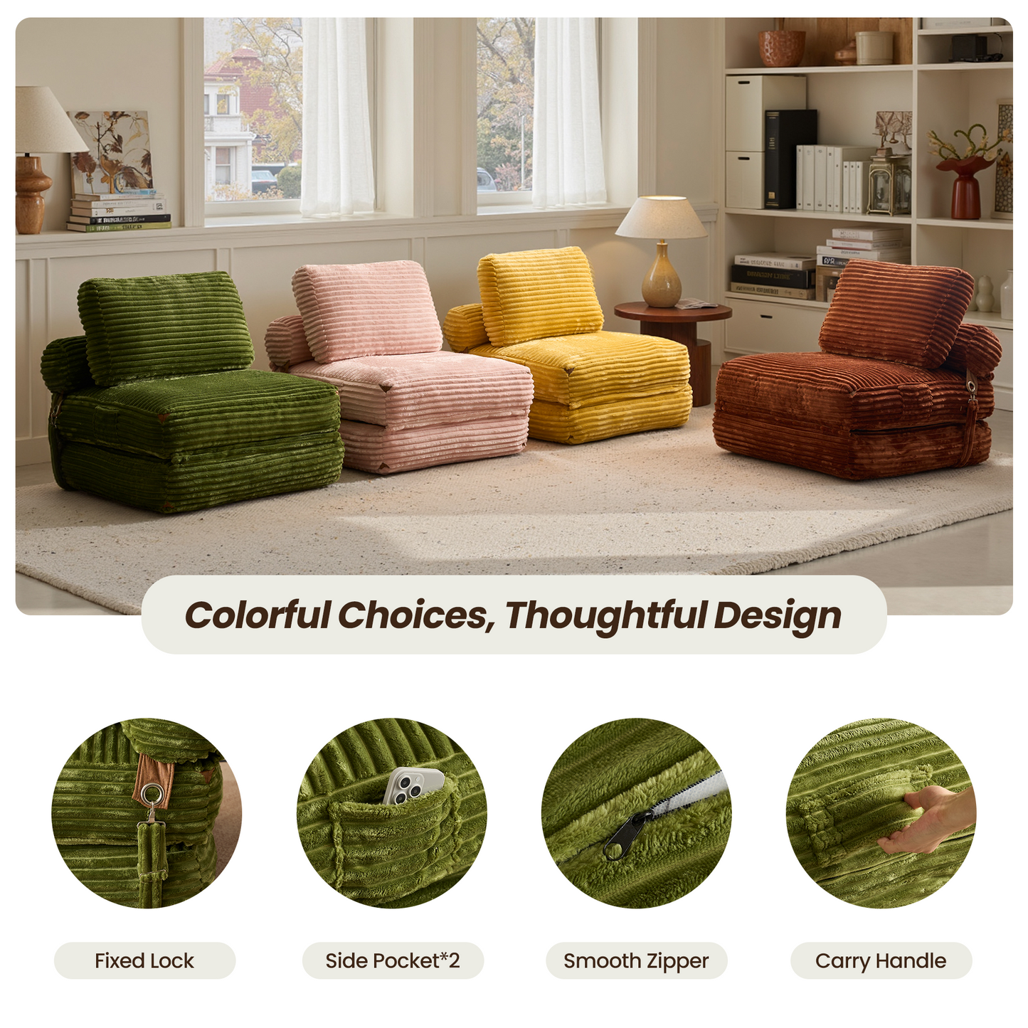 Bean Bag Bed Folding Sofa Bed – Convertible Sleeper Chair with Pillow & Back Support
