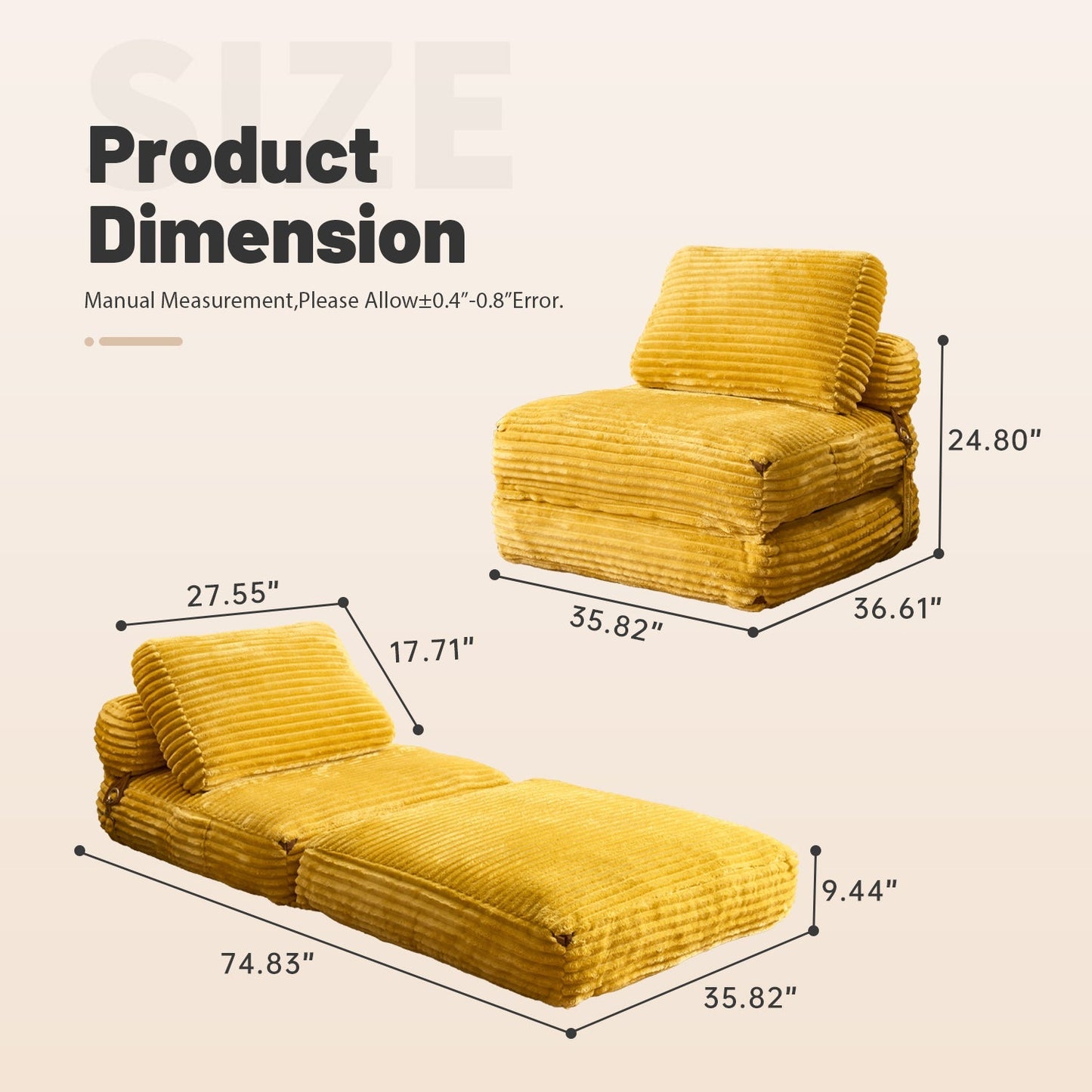 Bean Bag Bed Folding Sofa Bed – Convertible Sleeper Chair with Pillow & Back Support