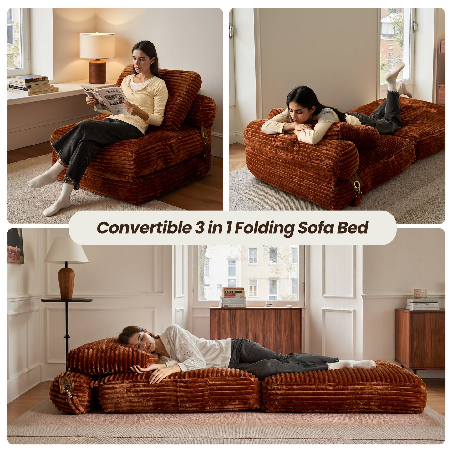 Bean Bag Bed Folding Sofa Bed – Convertible Sleeper Chair with Pillow & Back Support