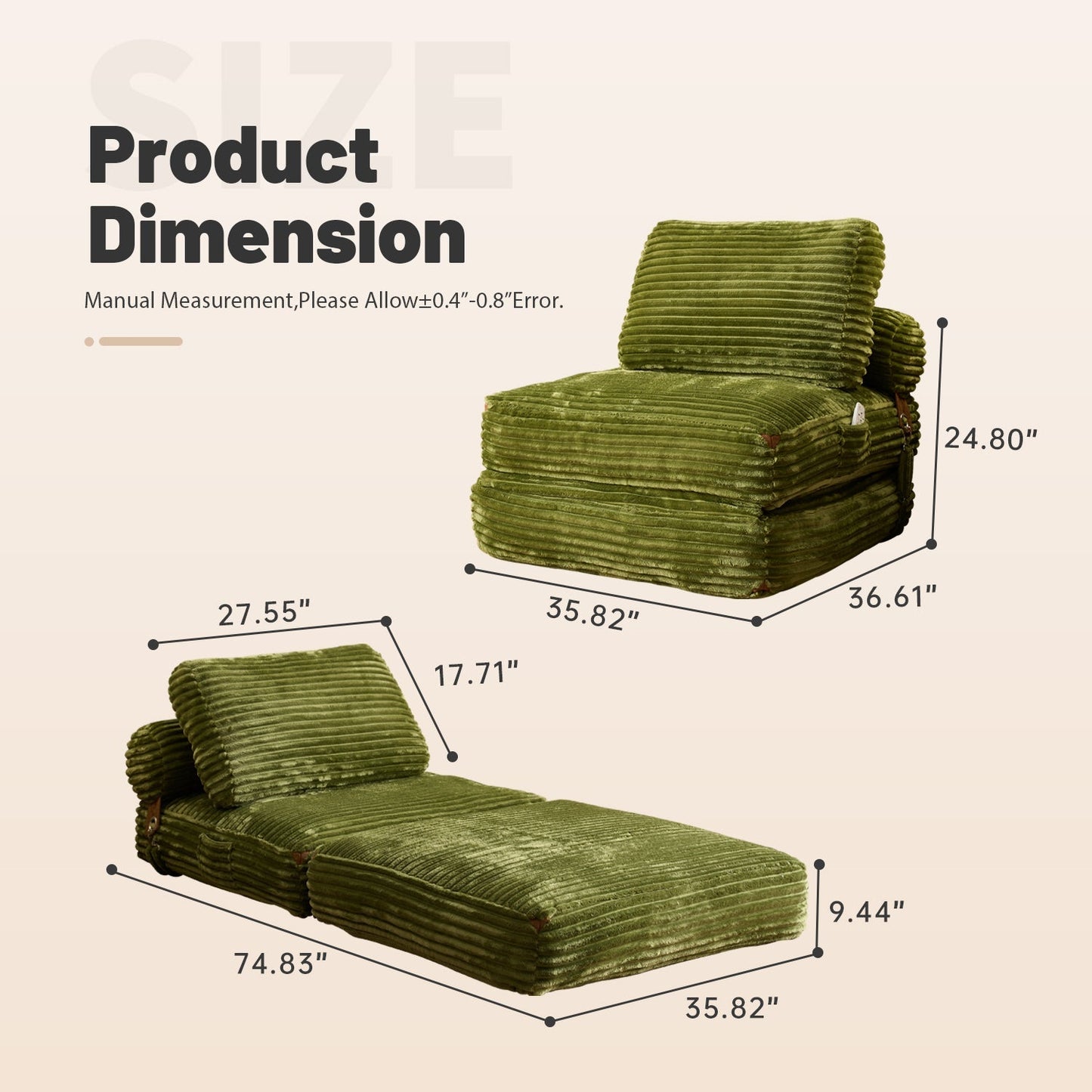 Bean Bag Bed Folding Sofa Bed – Convertible Sleeper Chair with Pillow & Back Support