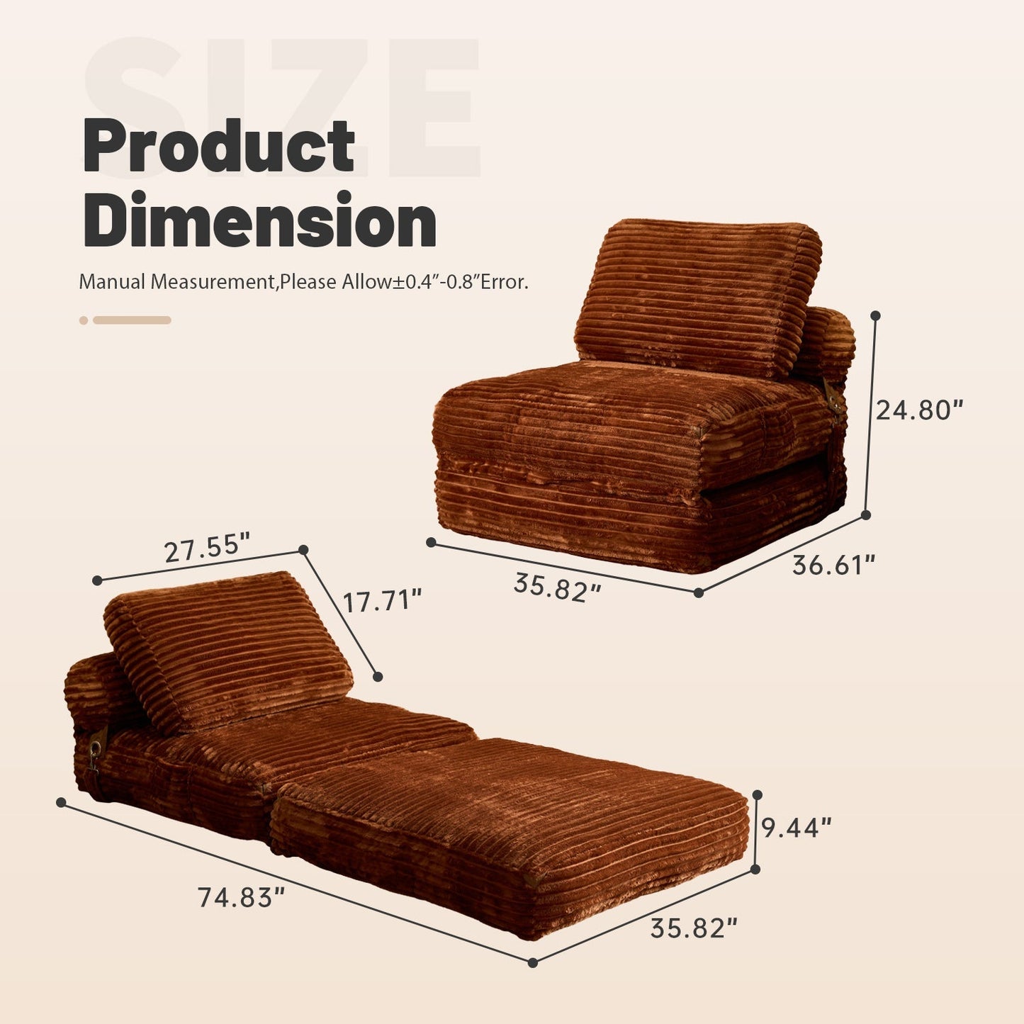 Bean Bag Bed Folding Sofa Bed – Convertible Sleeper Chair with Pillow & Back Support