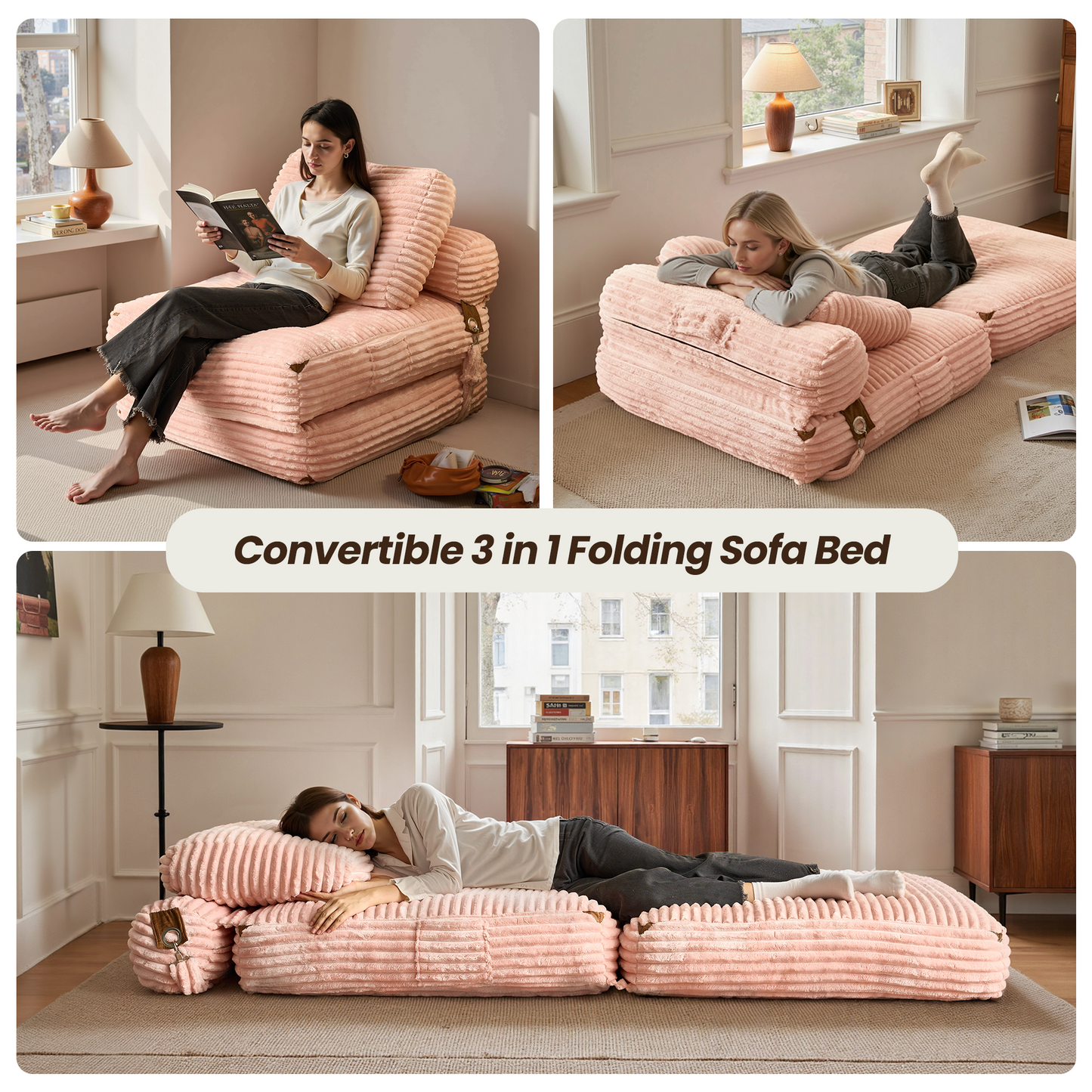 Bean Bag Bed Folding Sofa Bed – Convertible Sleeper Chair with Pillow & Back Support