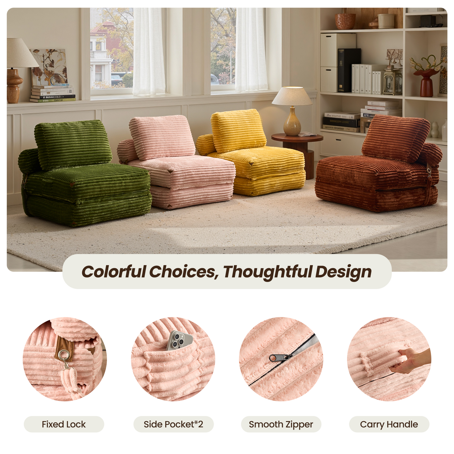 Bean Bag Bed Folding Sofa Bed – Convertible Sleeper Chair with Pillow & Back Support