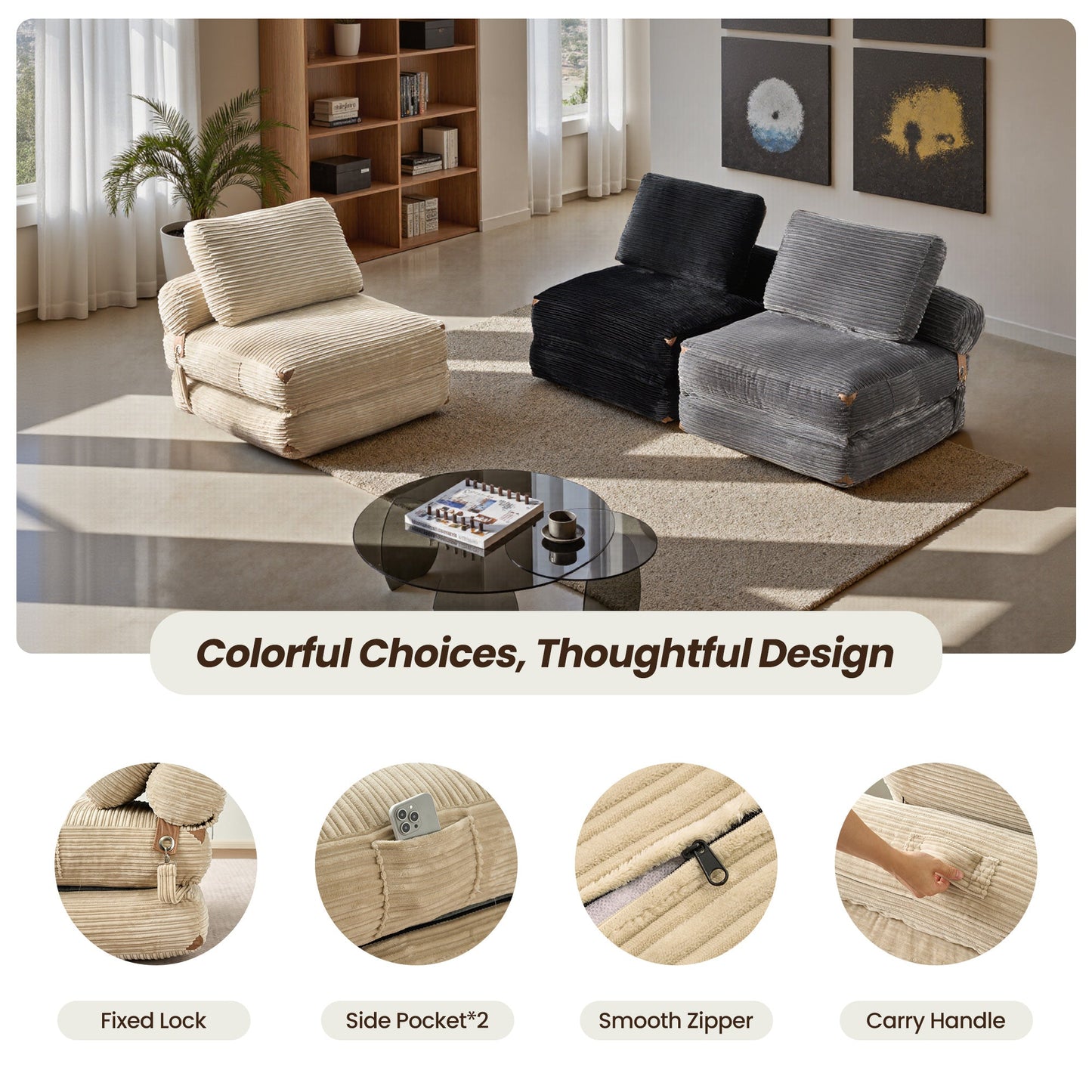 Bean Bag Bed Folding Sofa Bed – Convertible Sleeper Chair with Pillow & Back Support