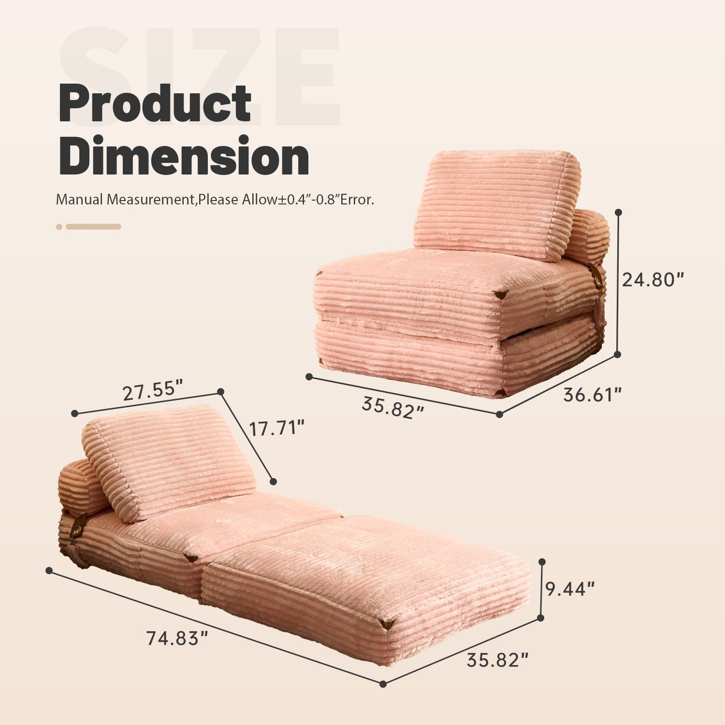 Bean Bag Bed Folding Sofa Bed – Convertible Sleeper Chair with Pillow & Back Support