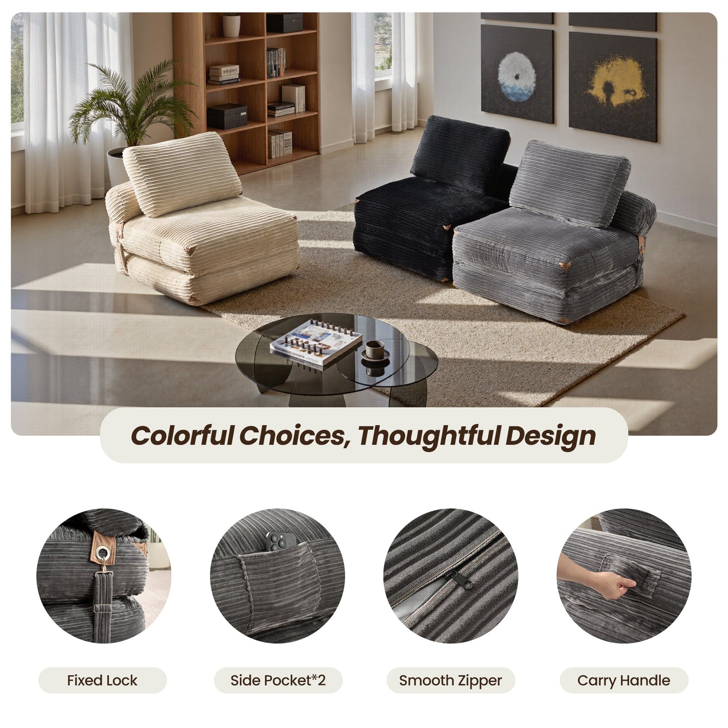 Bean Bag Bed Folding Sofa Bed – Convertible Sleeper Chair with Pillow & Back Support