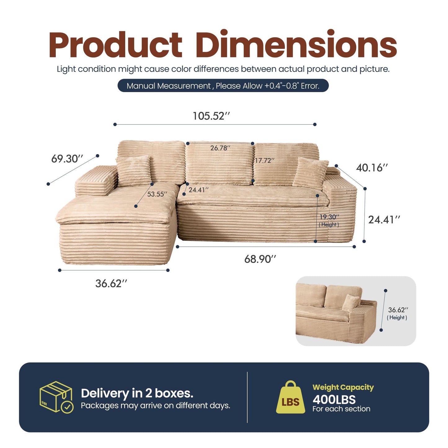 105" Modular Sectional Sofa with Chaise,Deep Seat Cloud Couch, Modern L-Shape