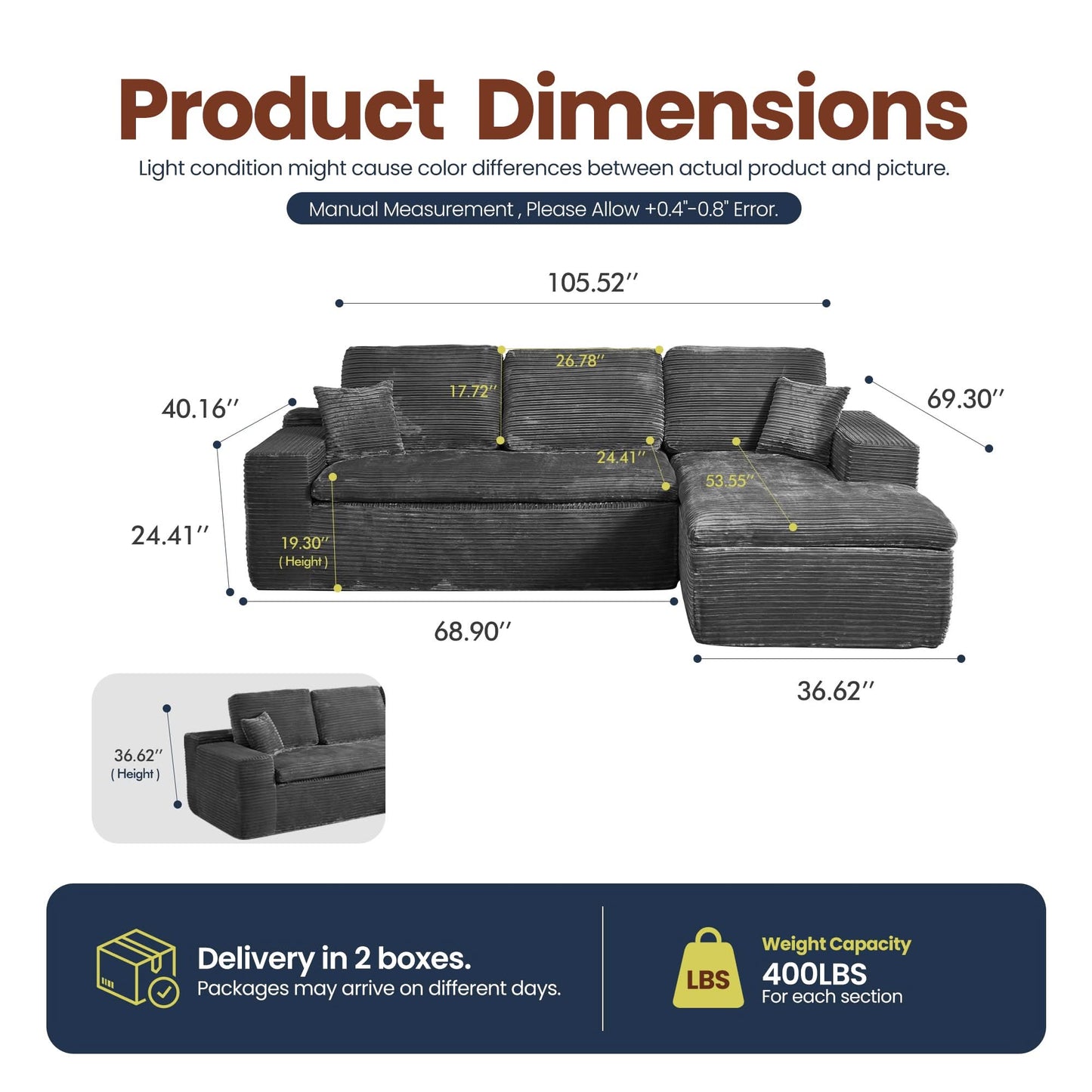 105" Modular Sectional Sofa with Chaise,Deep Seat Cloud Couch, Modern L-Shape