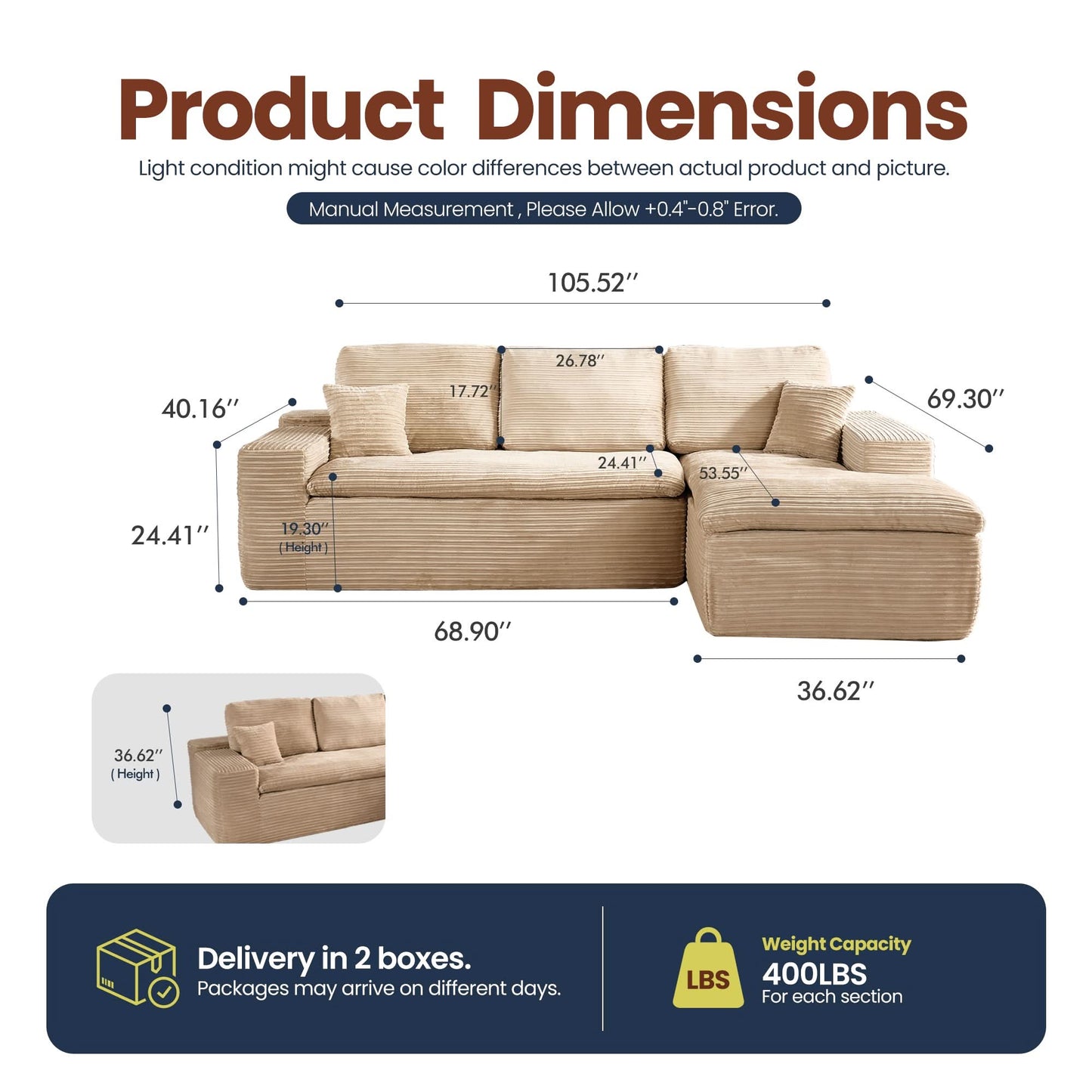 105" Modular Sectional Sofa with Chaise,Deep Seat Cloud Couch, Modern L-Shape