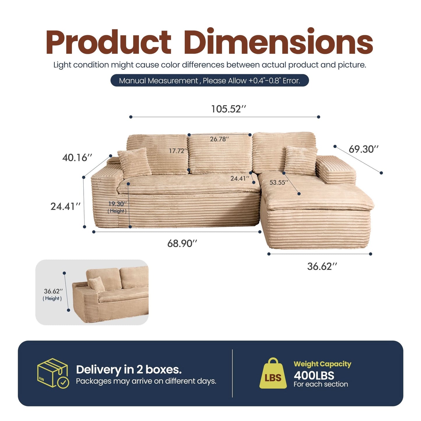 105" Modular Sectional Sofa with Chaise,Deep Seat Cloud Couch, Modern L-Shape