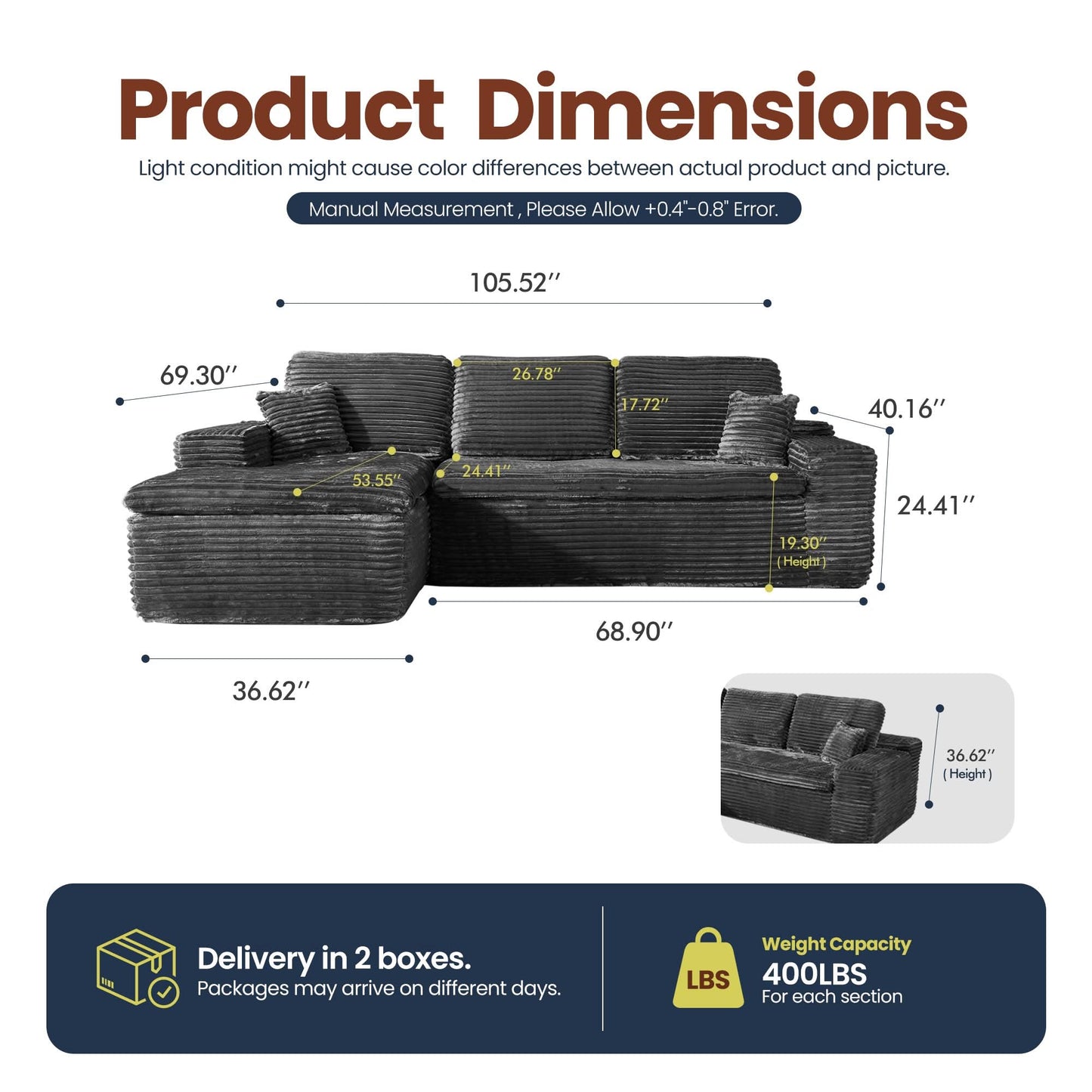 105" Modular Sectional Sofa with Chaise,Deep Seat Cloud Couch, Modern L-Shape