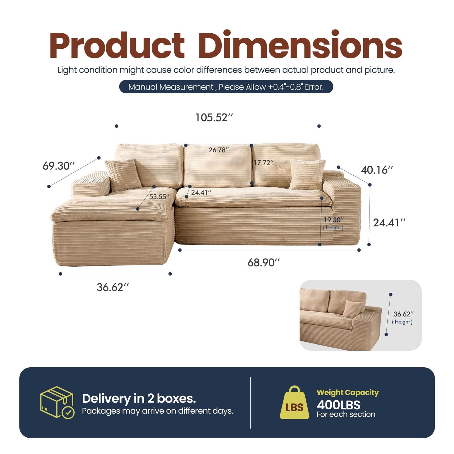 105" Modular Sectional Sofa with Chaise,Deep Seat Cloud Couch, Modern L-Shape