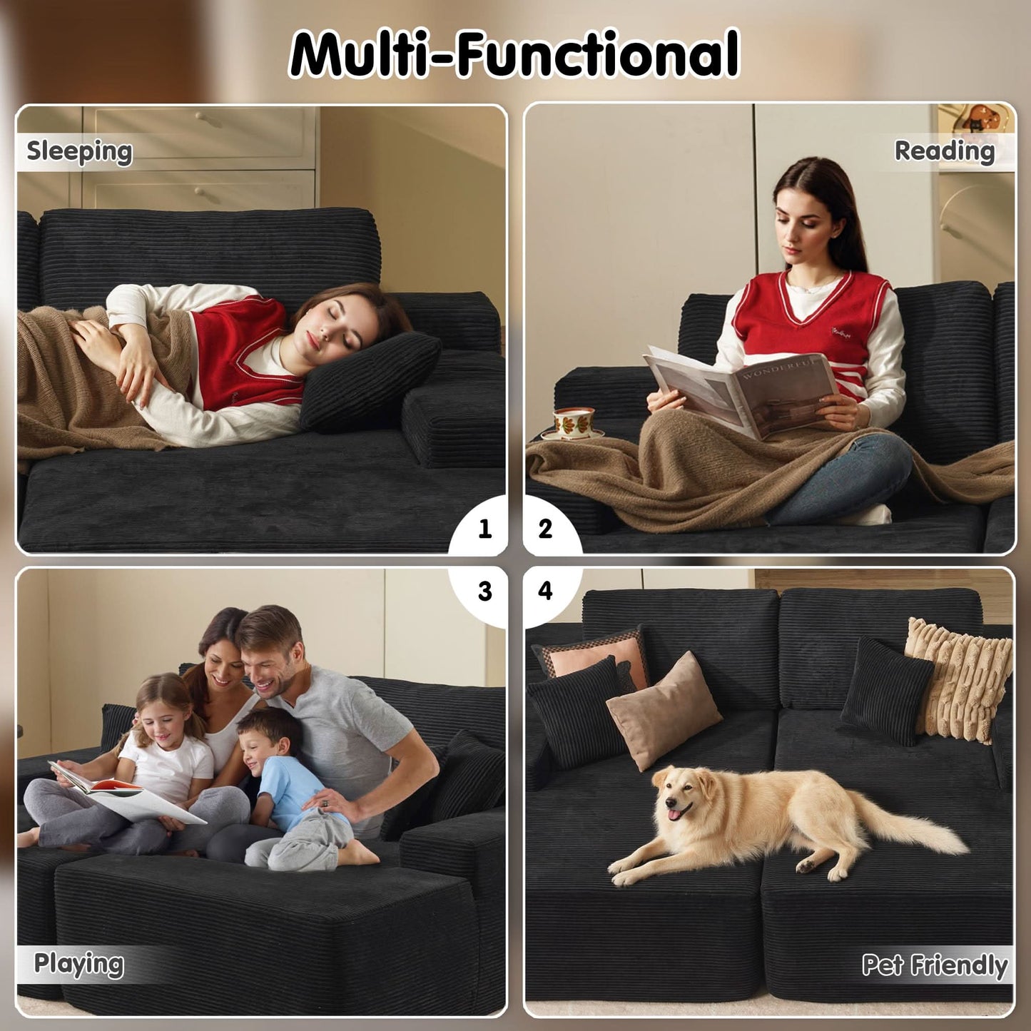 81.2" Cloud Plush Oversized Sectional with Double Chaise – Sofa Bed Comfort, No Assembly Required