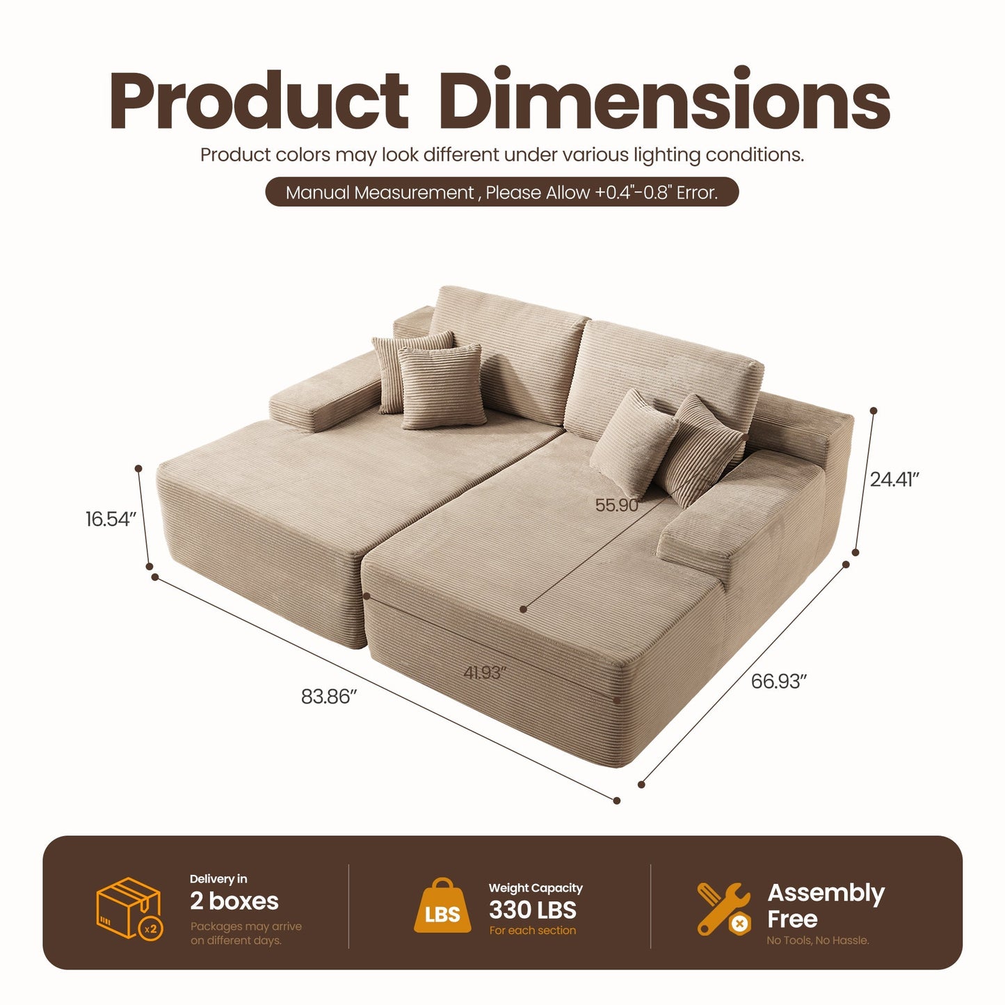 81" Boneless Sofa, Sleeper Couch, No Assembly Required