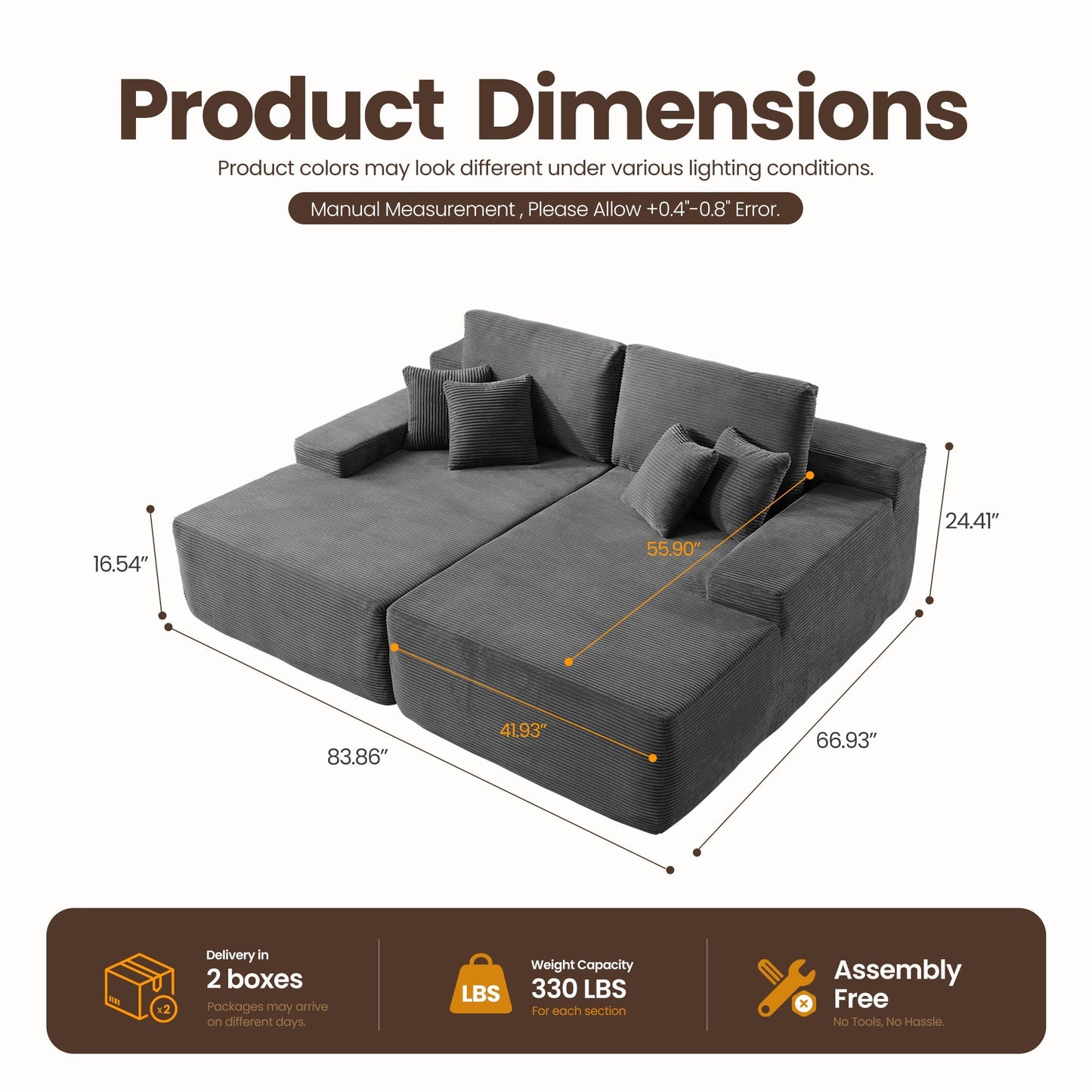 81" Boneless Sofa, Sleeper Couch, No Assembly Required