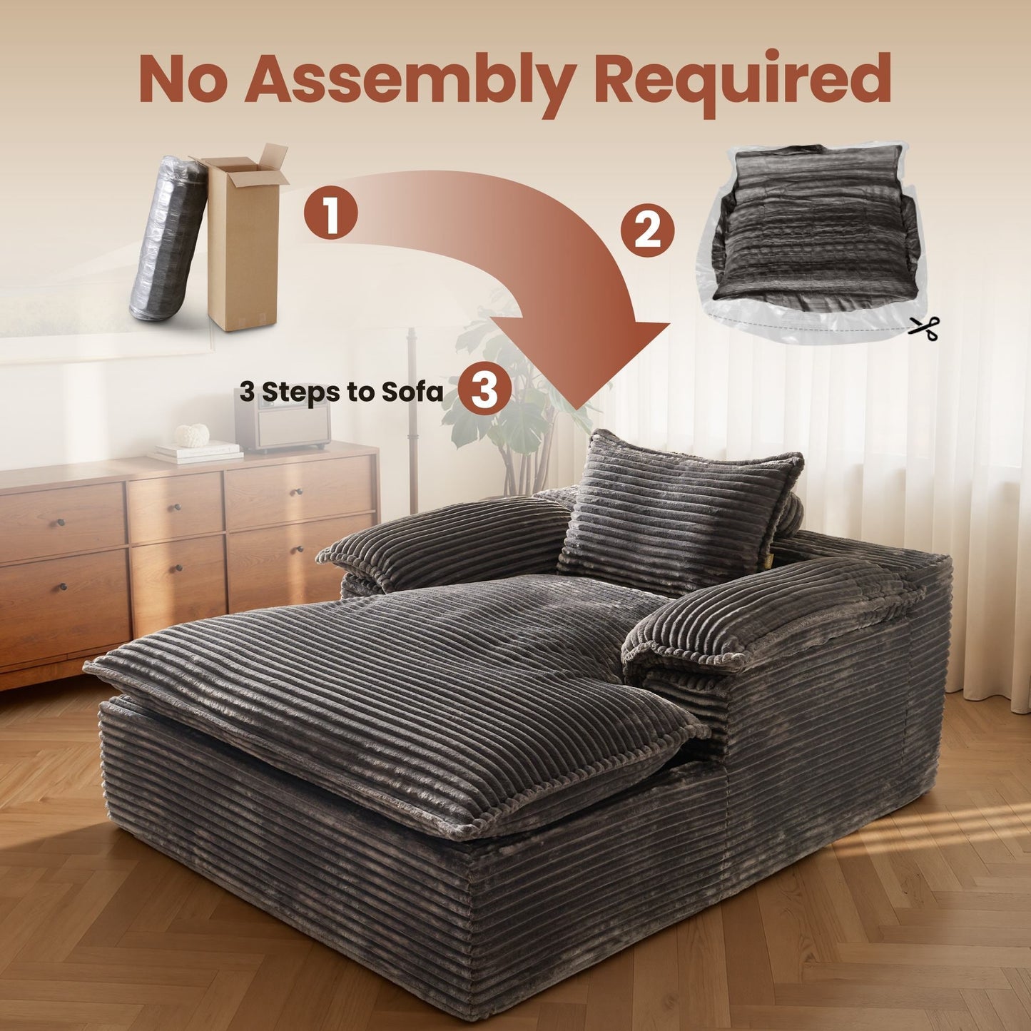 67" Boneless Lounge Chaise with Cloud Plush Sofa Bed, No Assembly Required