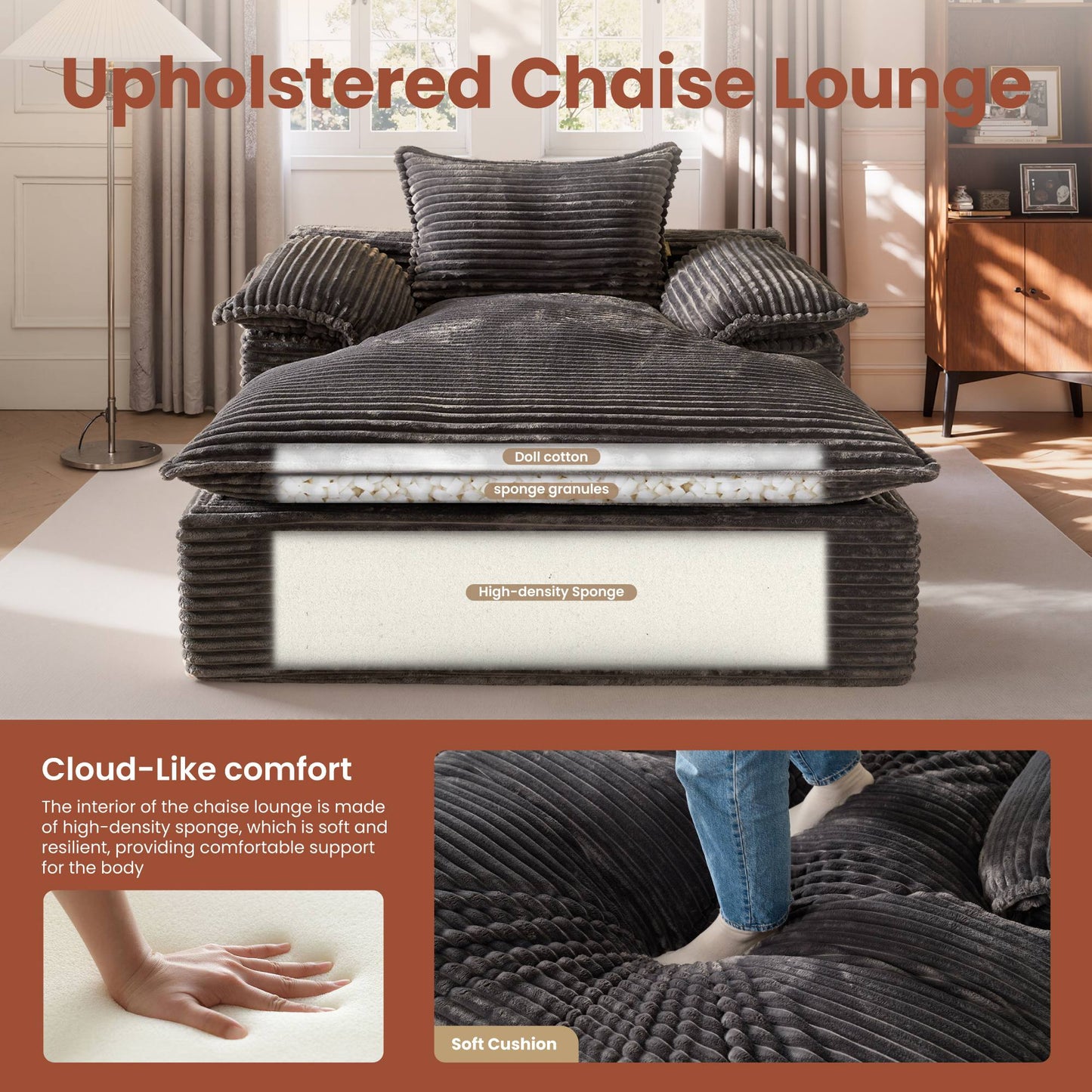 67" Boneless Lounge Chaise with Cloud Plush Sofa Bed, No Assembly Required