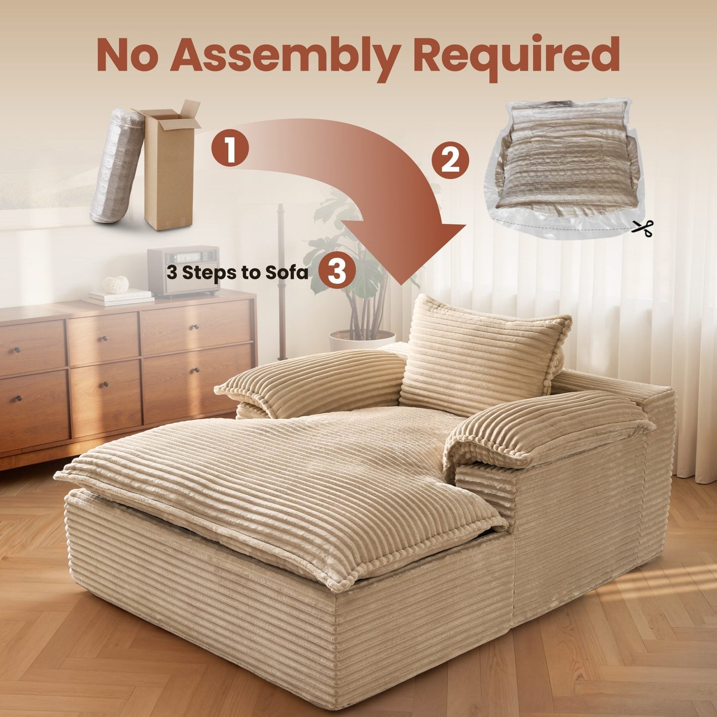 67" Boneless Lounge Chaise with Cloud Plush Sofa Bed, No Assembly Required