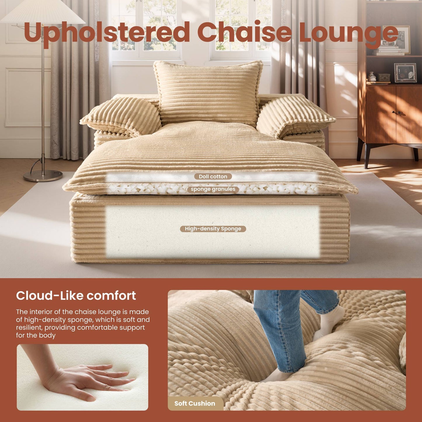 67" Boneless Lounge Chaise with Cloud Plush Sofa Bed, No Assembly Required