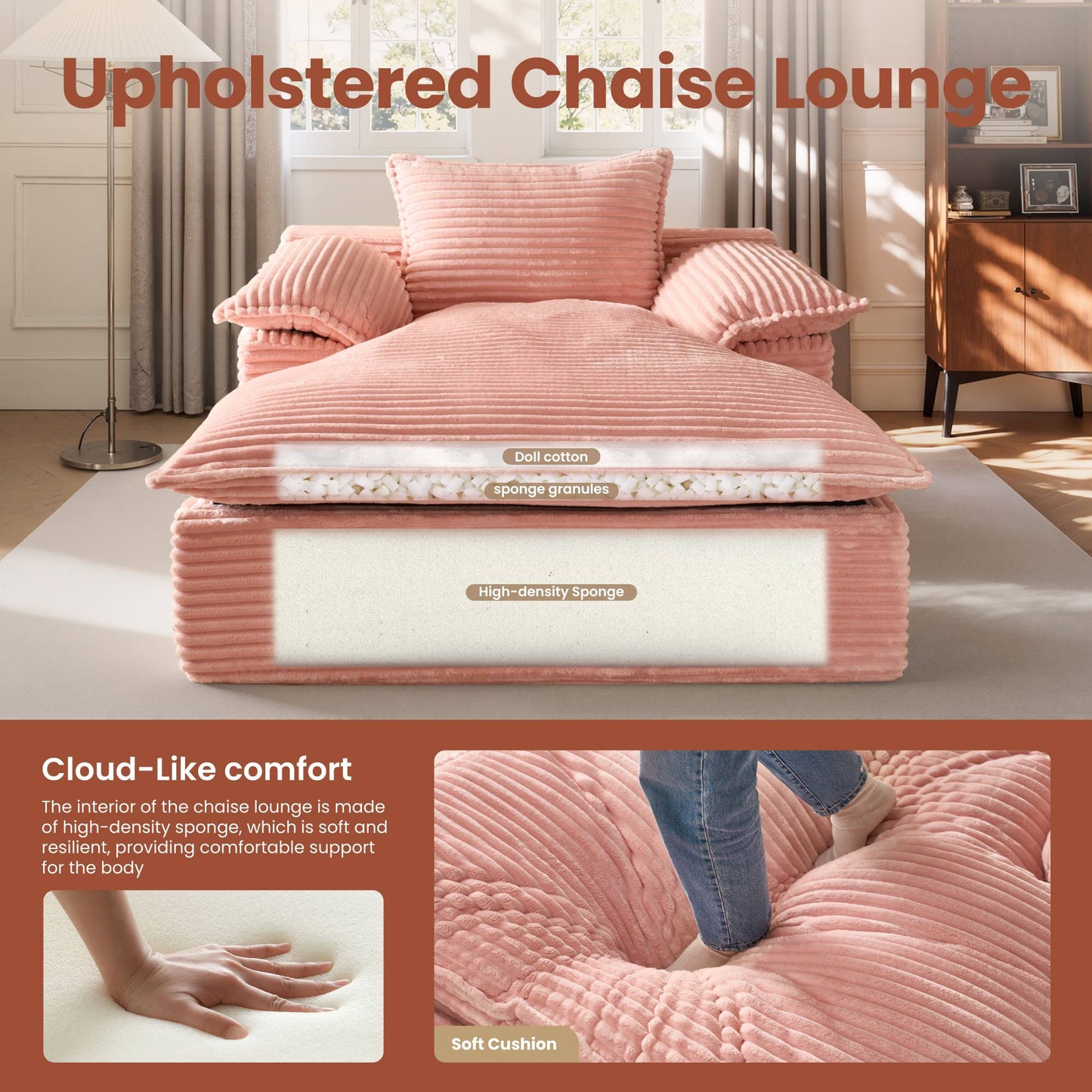 67" Boneless Lounge Chaise with Cloud Plush Sofa Bed, No Assembly Required
