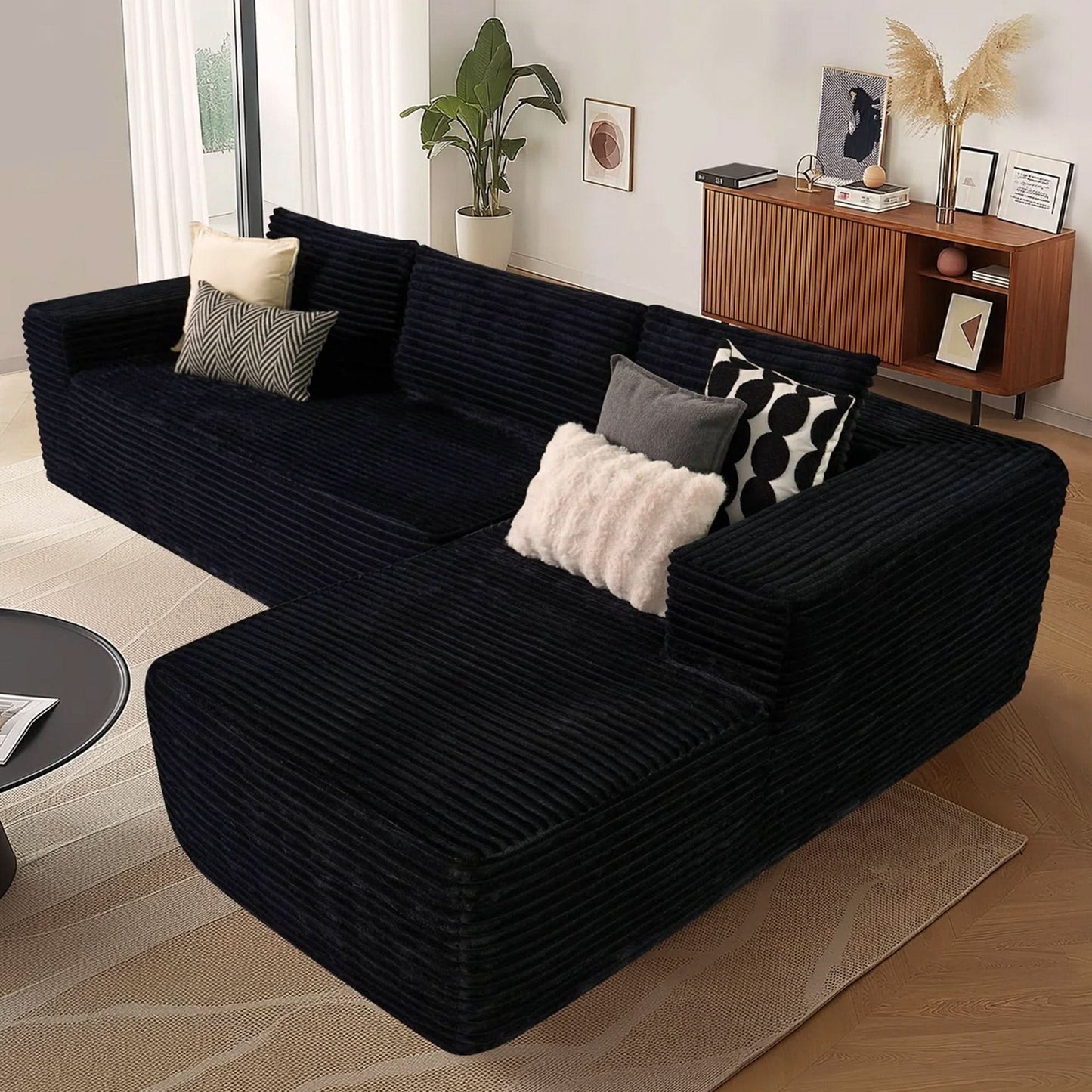 104" L-Shape Modular Couch with Chaise, Plush Corduroy Fabric, No Assembly Required