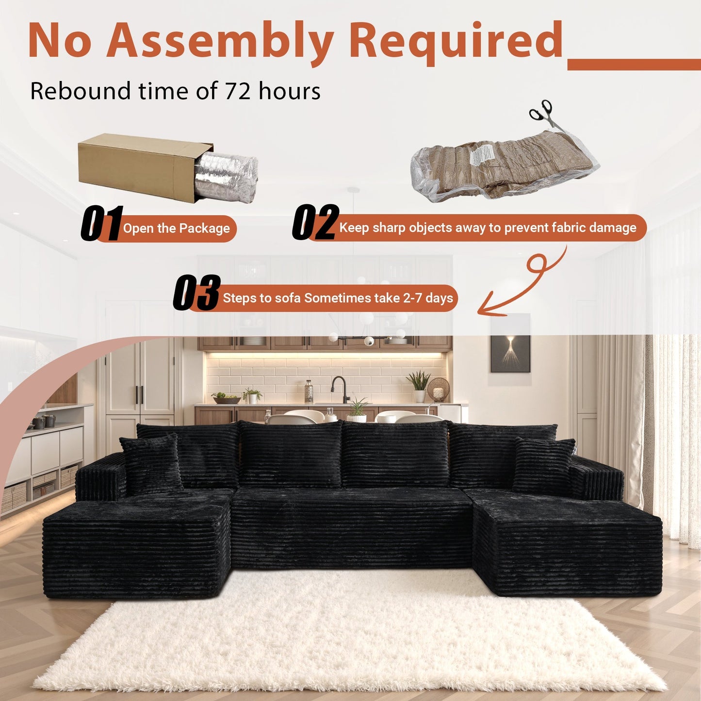 134" U-Shape Modular Couch , Plush Corduroy Fabric, No Assembly Required