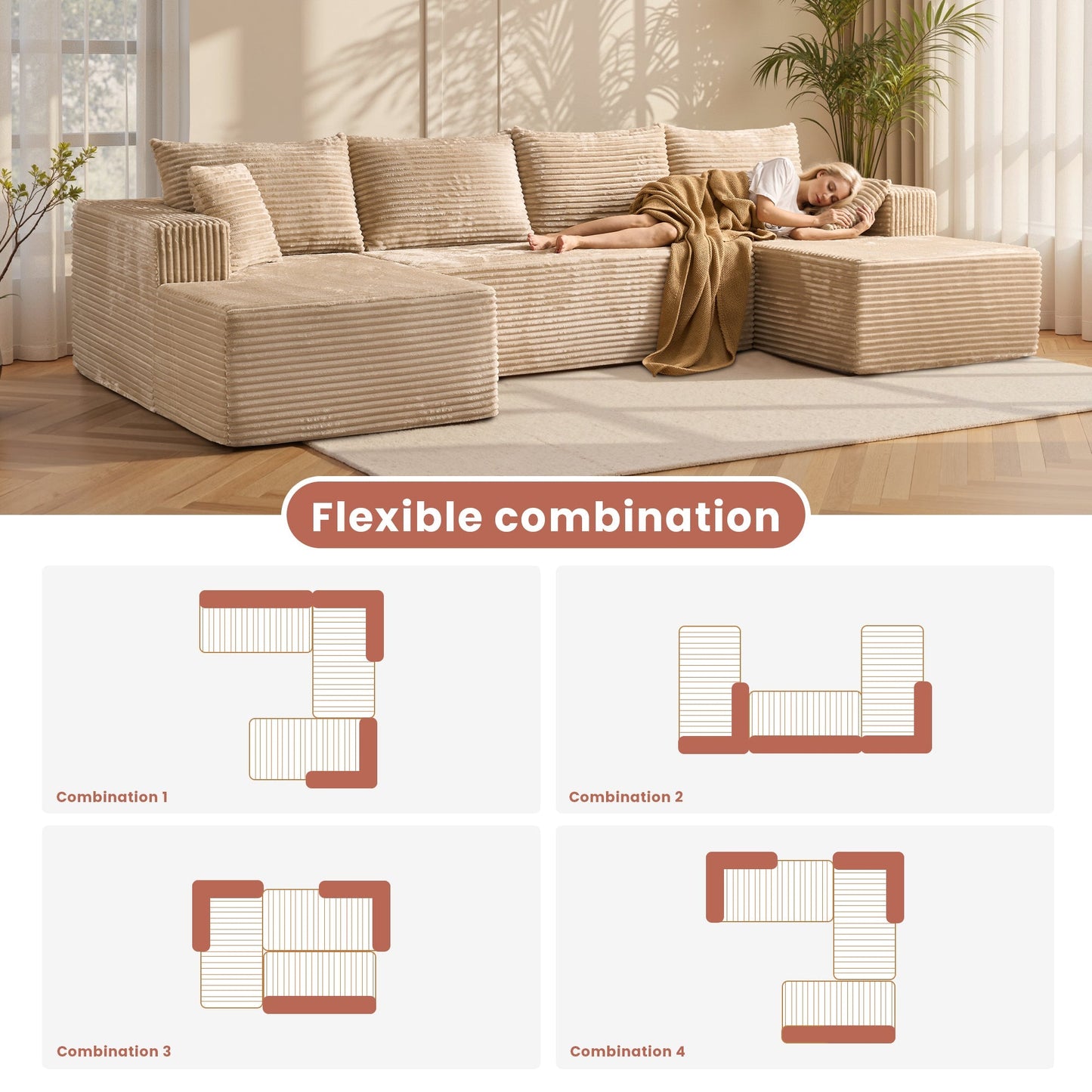 134" U-Shape Modular Couch , Plush Corduroy Fabric, No Assembly Required
