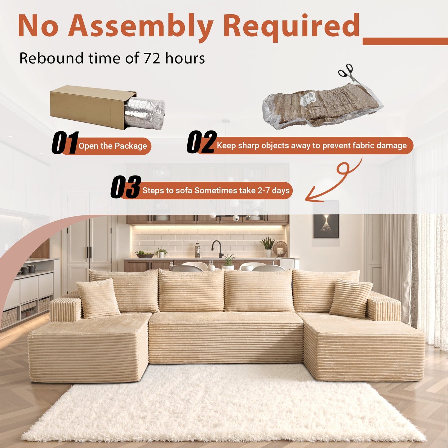 134" U-Shape Modular Couch , Plush Corduroy Fabric, No Assembly Required