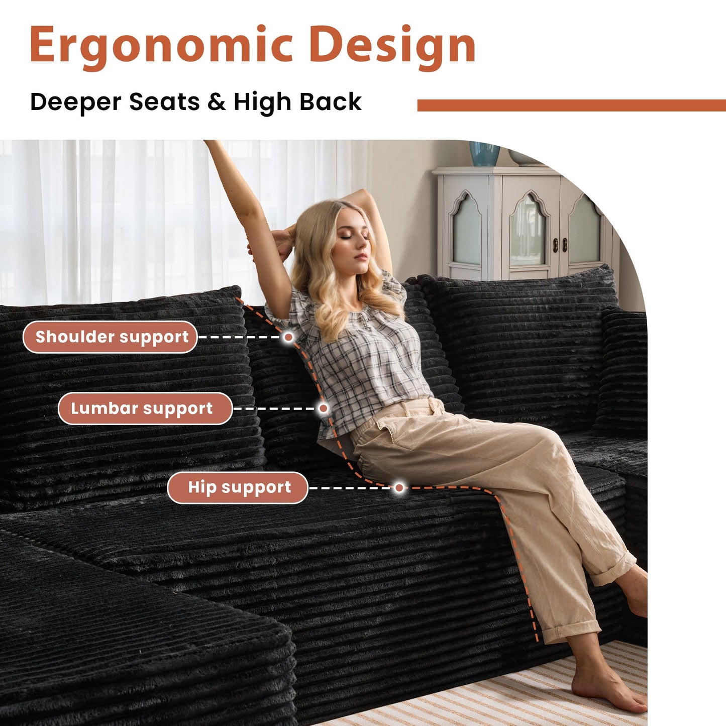 134" U-Shape Modular Couch , Plush Corduroy Fabric, No Assembly Required