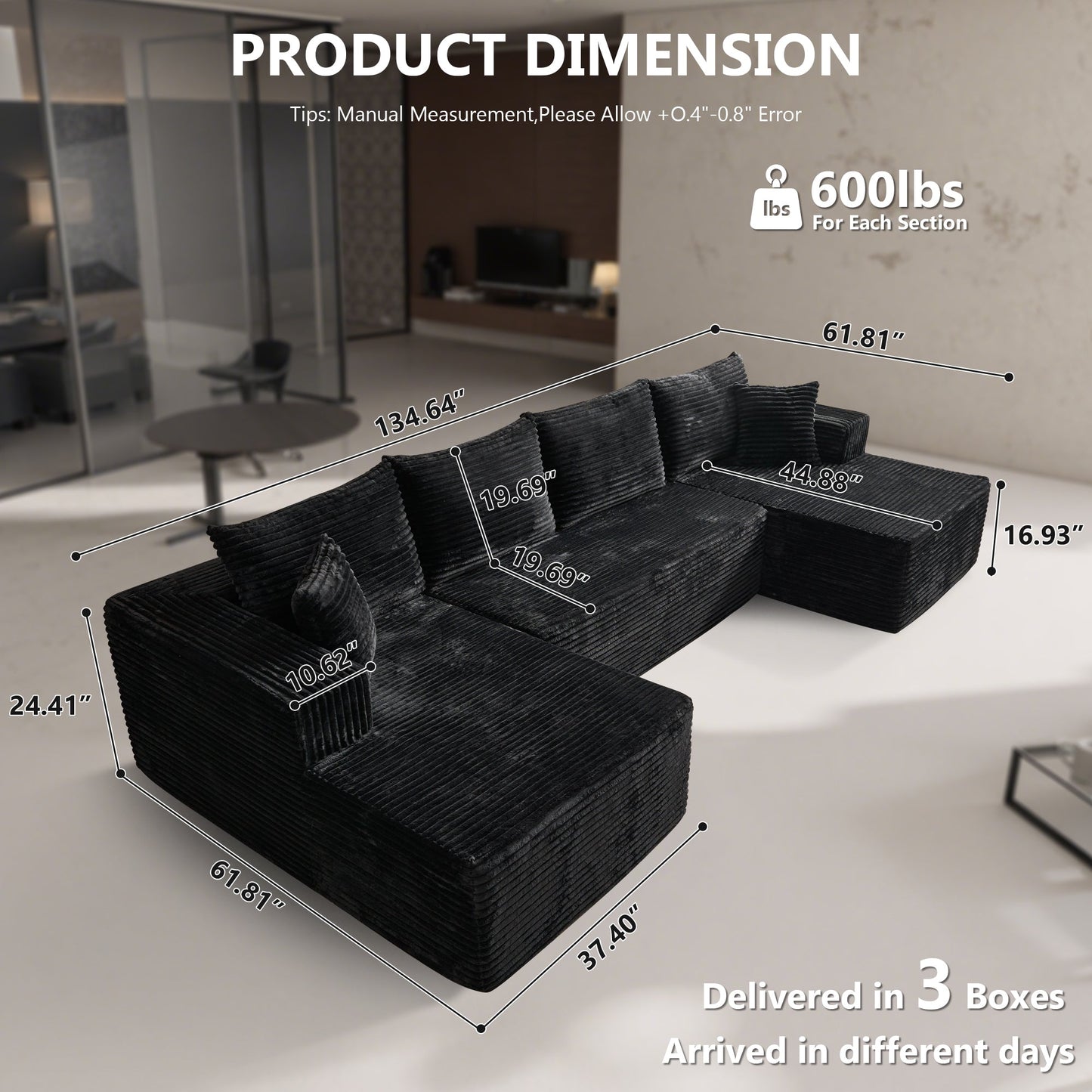 134" U-Shape Modular Couch , Plush Corduroy Fabric, No Assembly Required