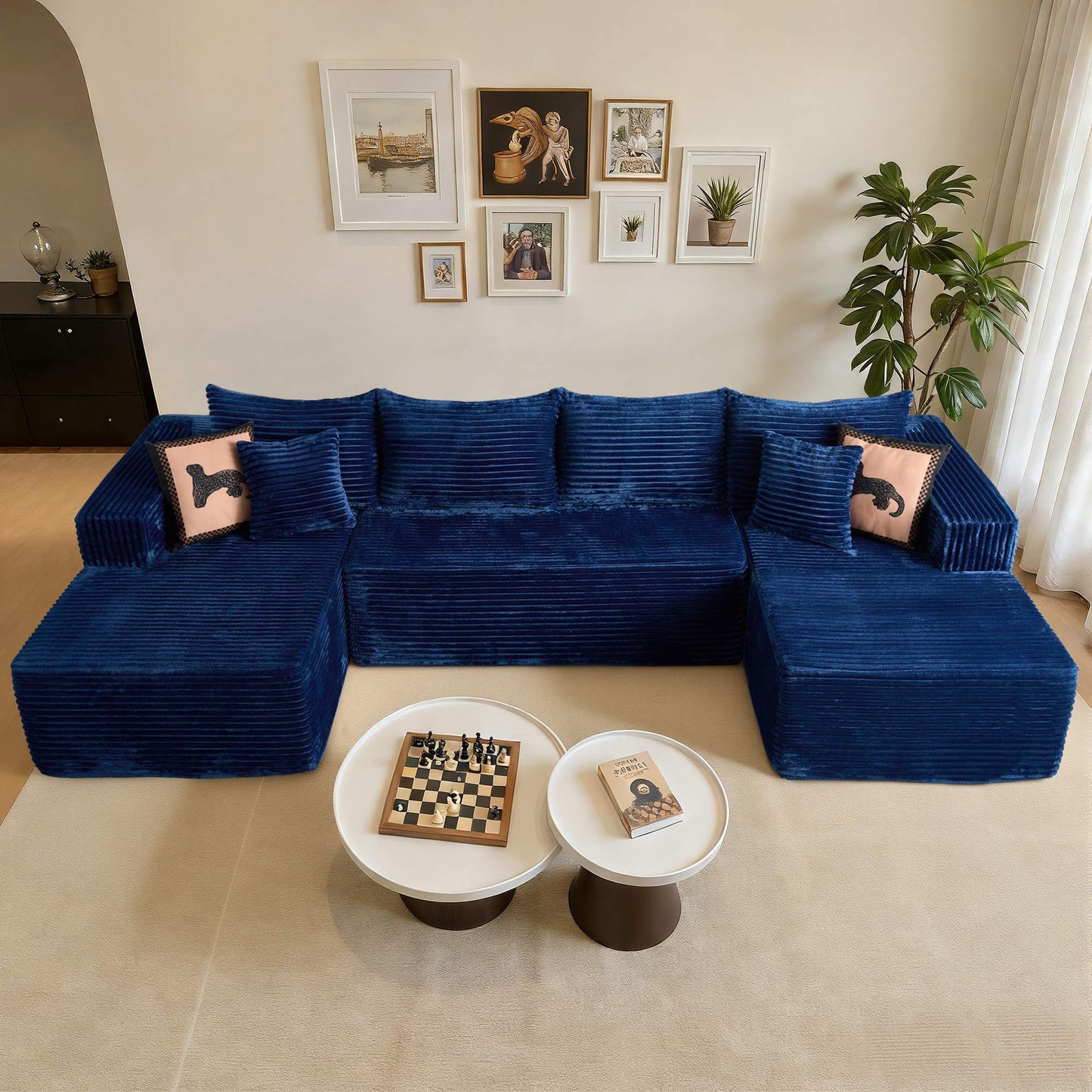 134" U-Shape Modular Couch , Plush Corduroy Fabric, No Assembly Required