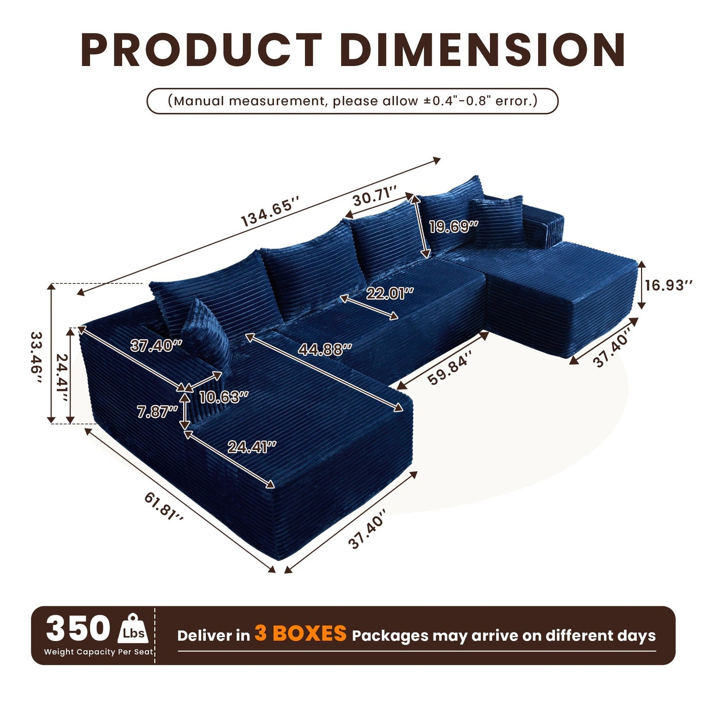 134" U-Shape Modular Couch , Plush Corduroy Fabric, No Assembly Required