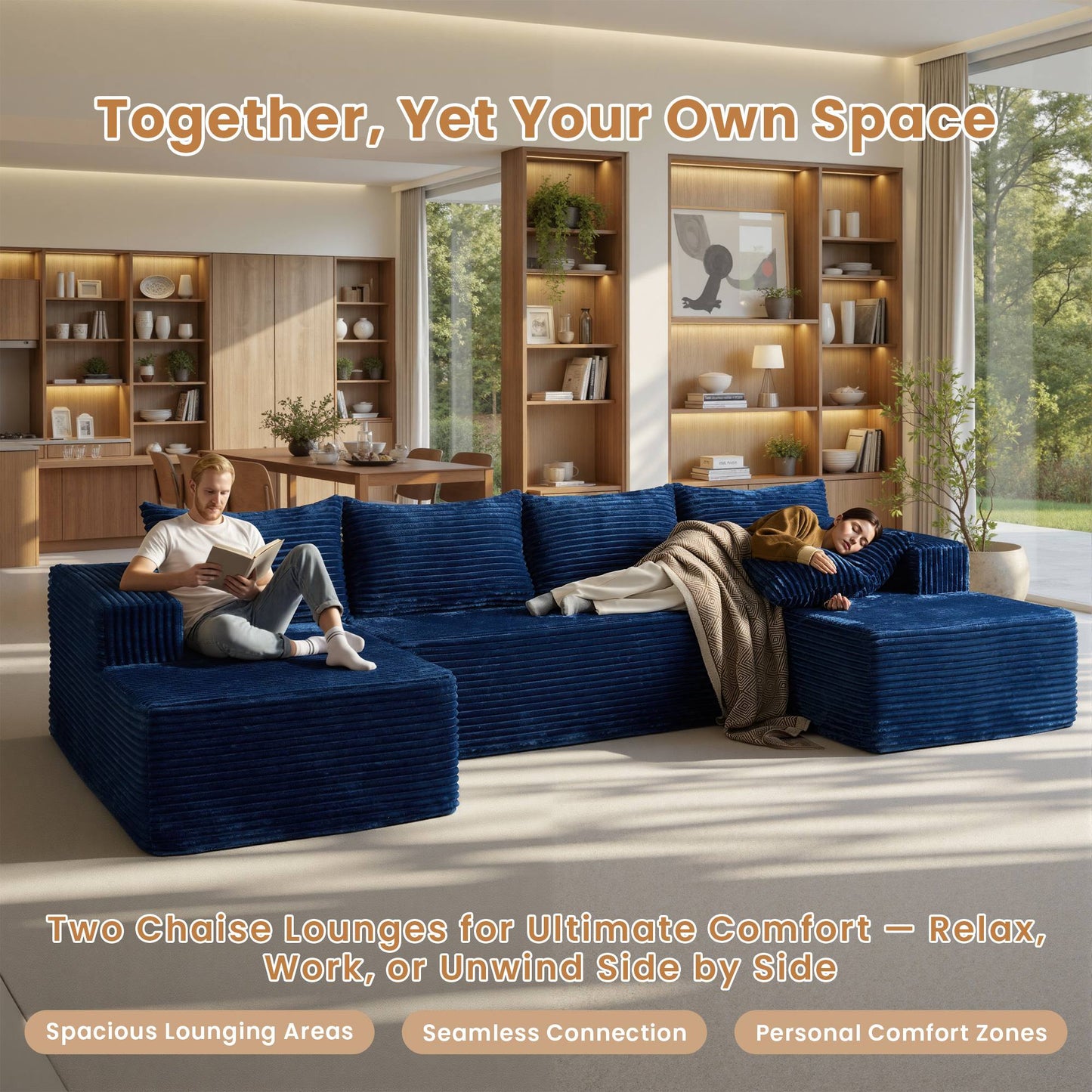 134" U-Shape Modular Couch , Plush Corduroy Fabric, No Assembly Required