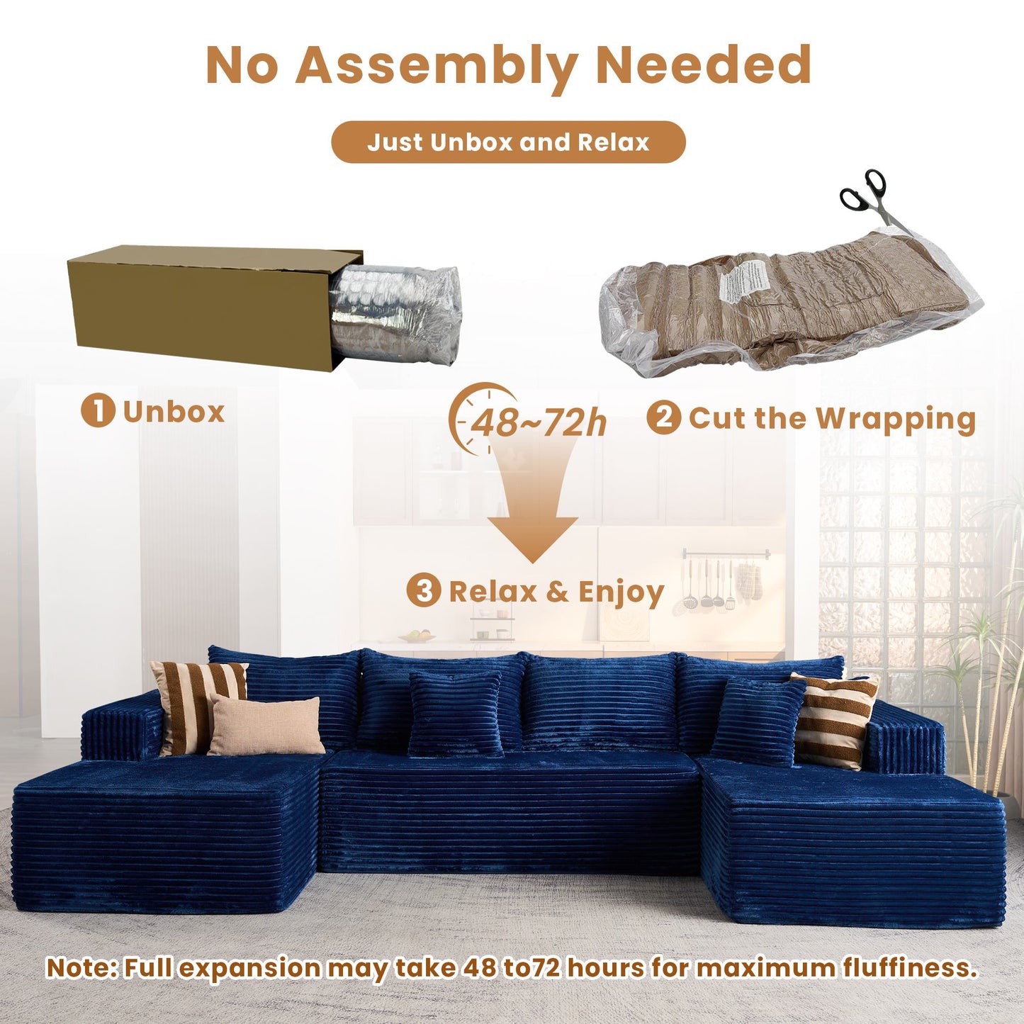 134" U-Shape Modular Couch , Plush Corduroy Fabric, No Assembly Required