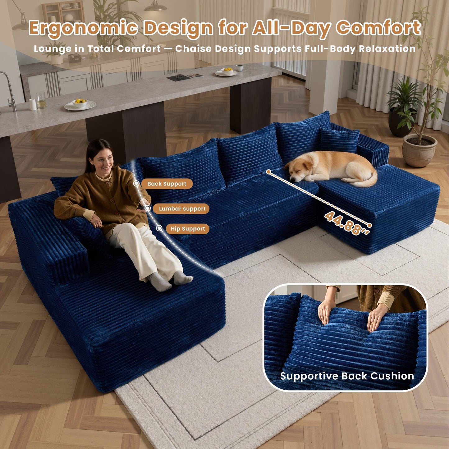 134" U-Shape Modular Couch , Plush Corduroy Fabric, No Assembly Required