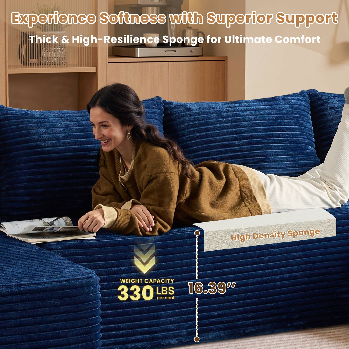 134" U-Shape Modular Couch , Plush Corduroy Fabric, No Assembly Required